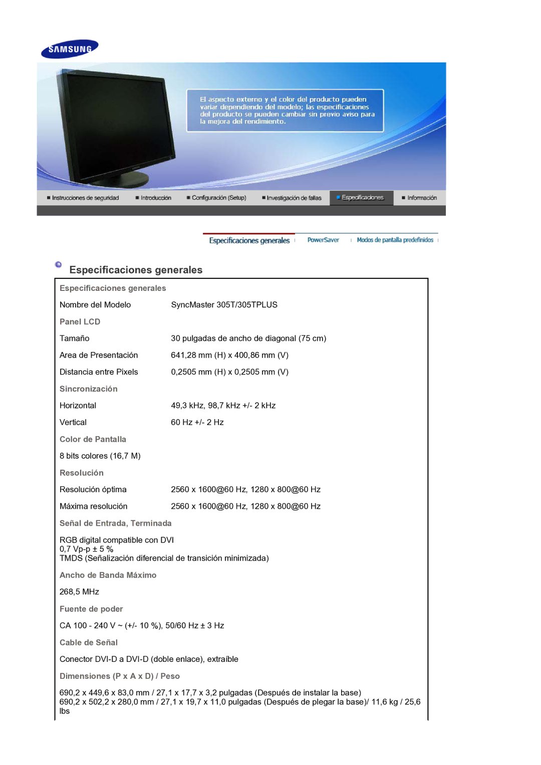 Samsung LS30HUXCB/EDC manual Especificaciones generales 