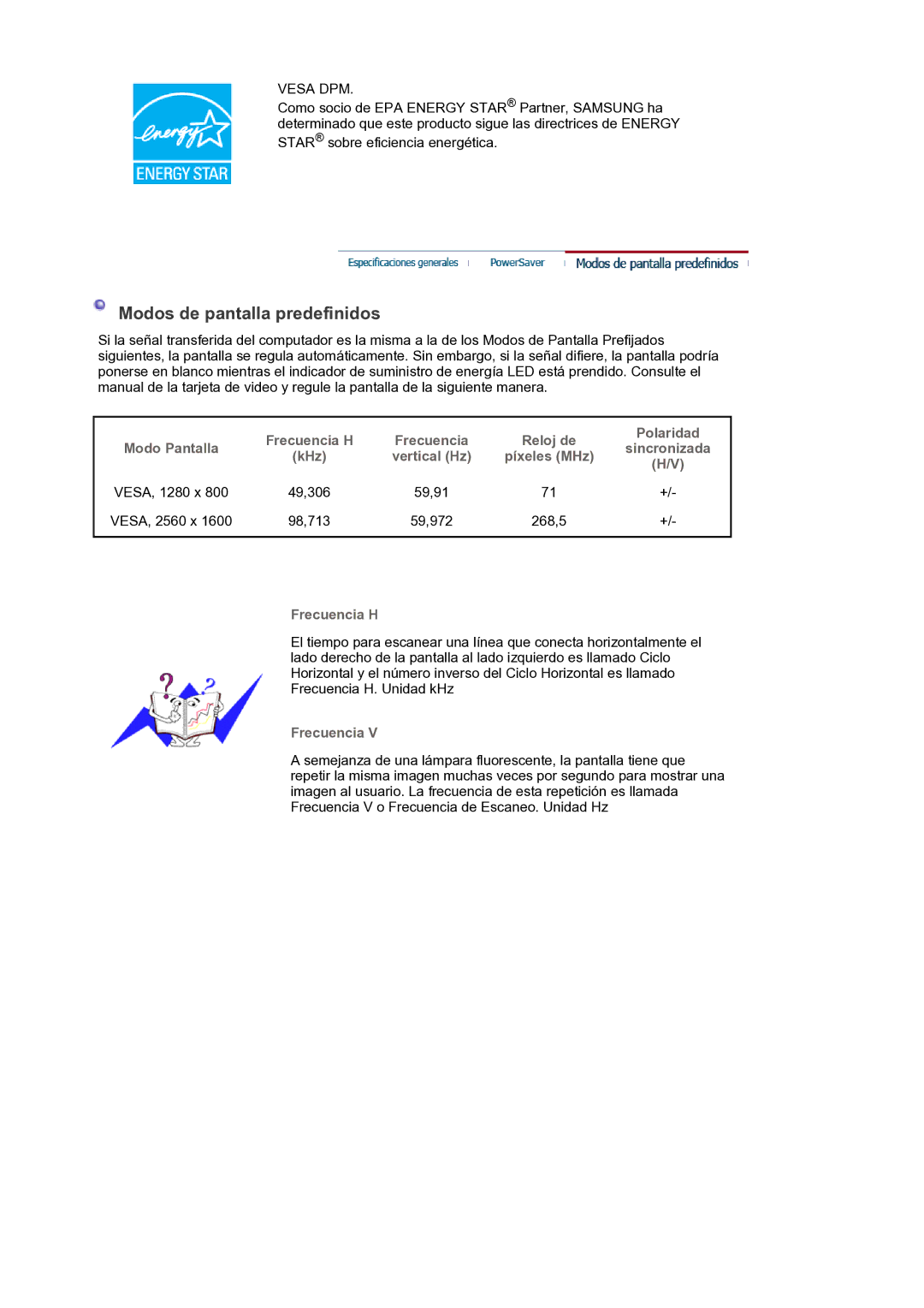 Samsung LS30HUXCB/EDC manual Modos de pantalla predefinidos, 59,91 VESA, 2560 x, 59,972 268,5 Frecuencia H 