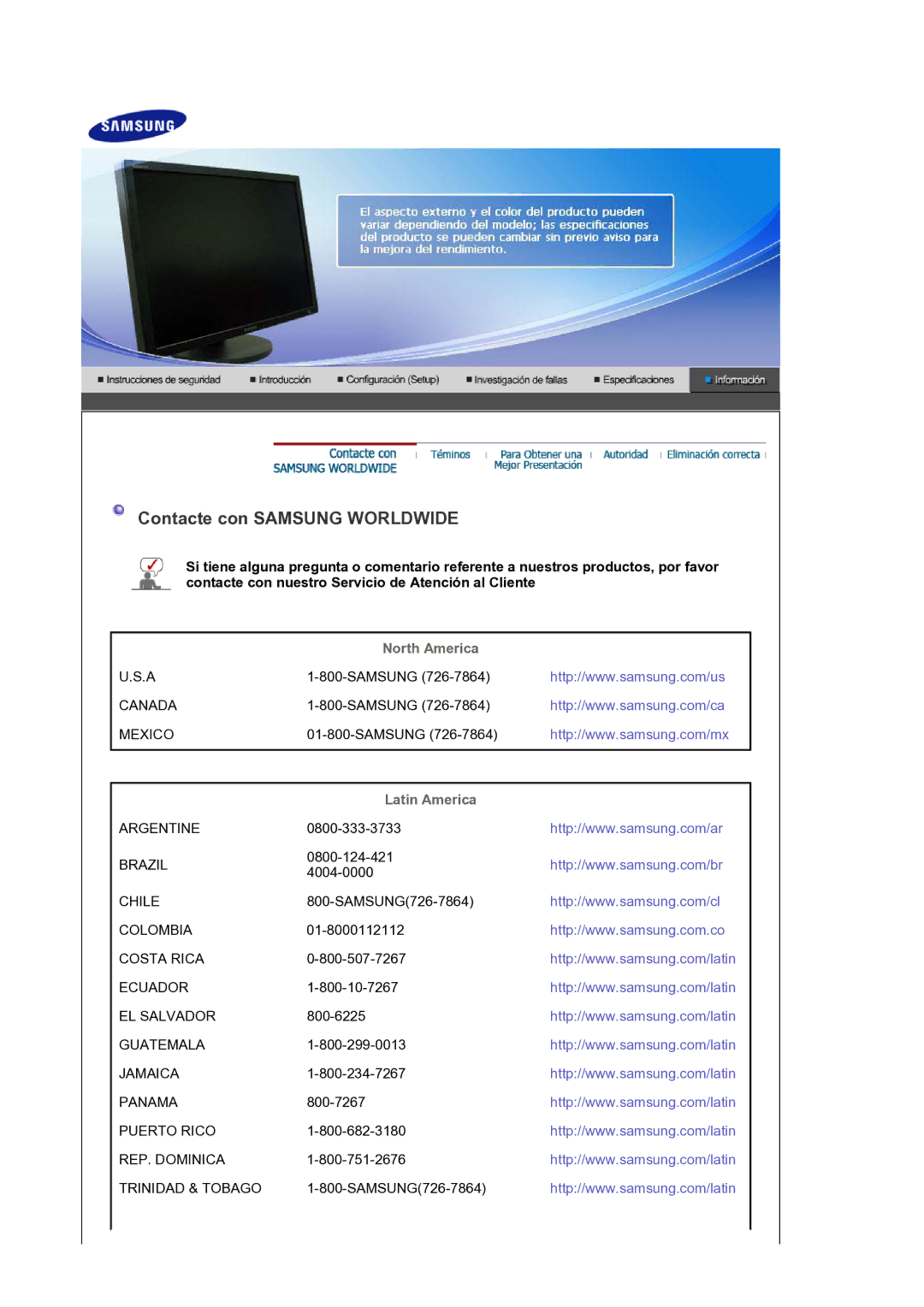 Samsung LS30HUXCB/EDC manual Contacte con Samsung Worldwide, North America, Latin America 