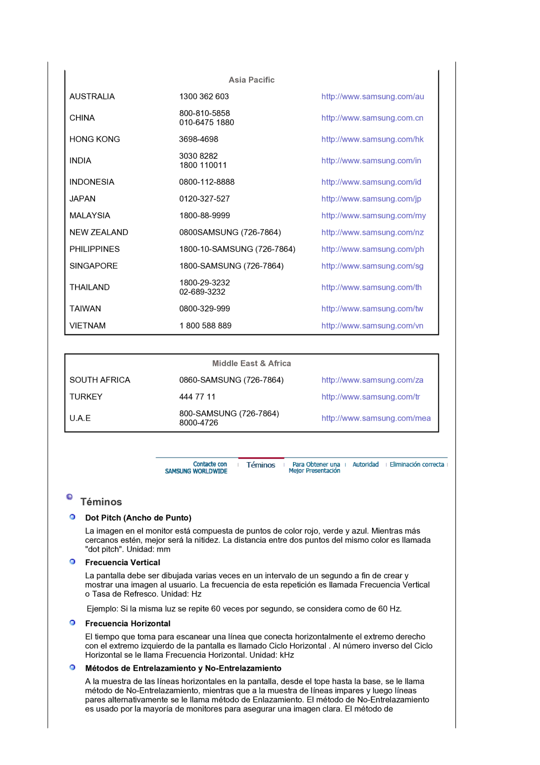 Samsung LS30HUXCB/EDC manual Téminos, Asia Pacific, Middle East & Africa 