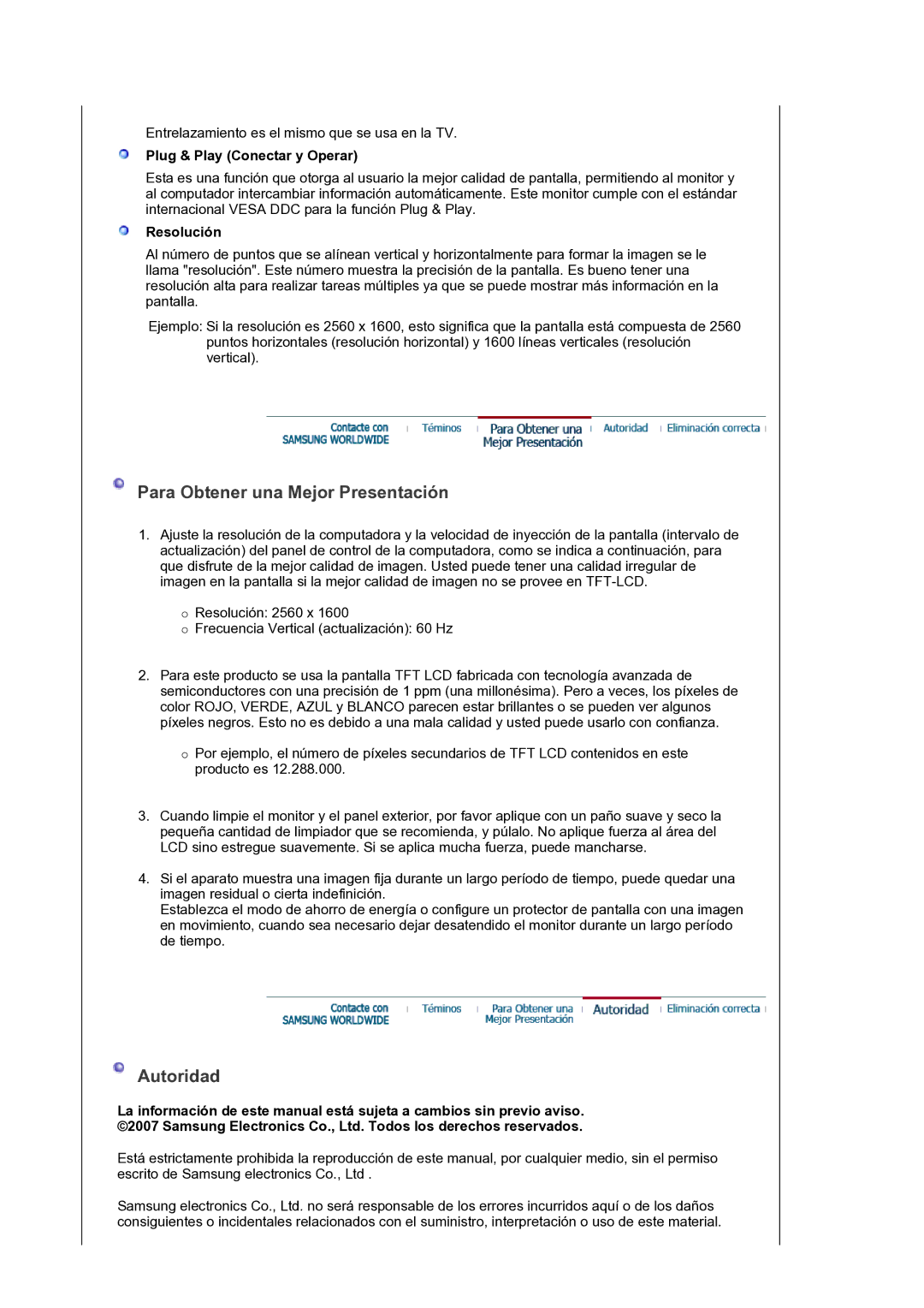 Samsung LS30HUXCB/EDC manual Para Obtener una Mejor Presentación, Autoridad, Plug & Play Conectar y Operar, Resolución 