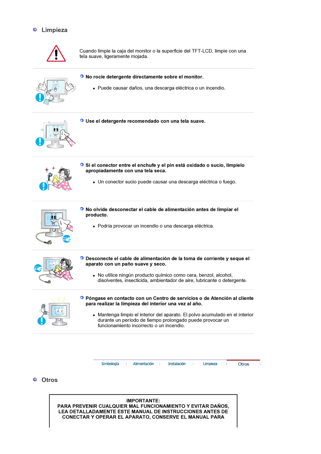 Samsung LS30HUXCB/EDC manual Limpieza, Otros, No rocíe detergente directamente sobre el monitor 