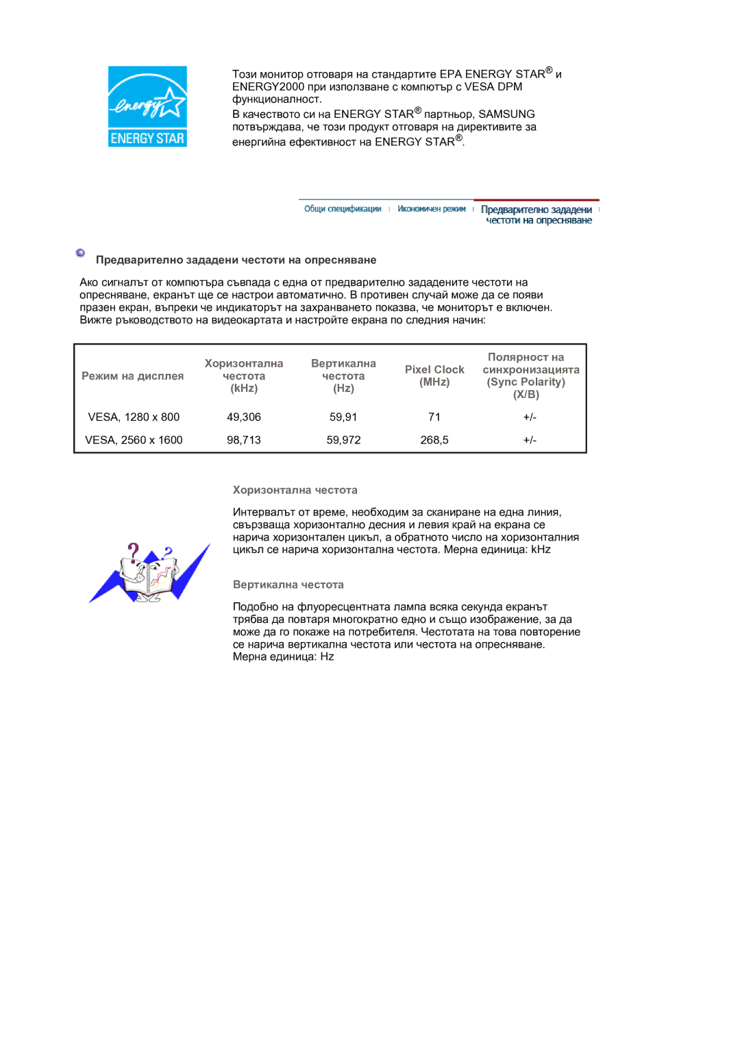 Samsung LS30HUXCB/EDC manual Предварително зададени честоти на опресняване, VESA, 2560 x, 268,5 Хоризонтална честота 