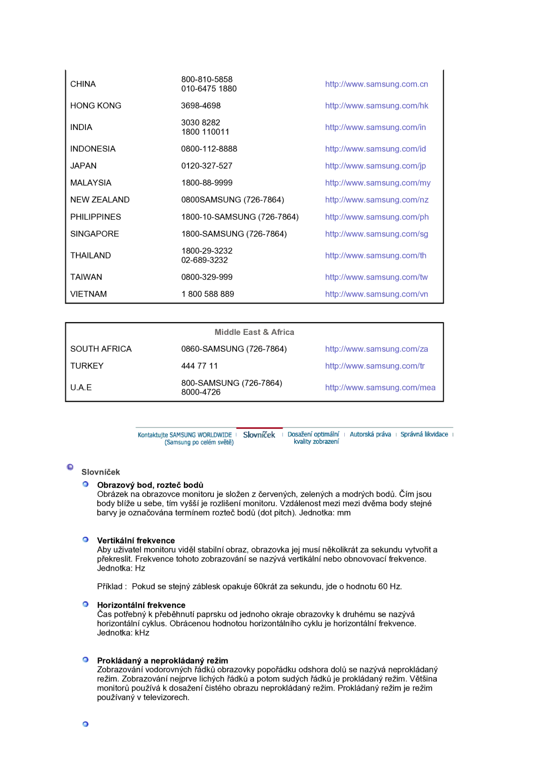 Samsung LS30HUXCB/EDC manual Middle East & Africa, Slovníček 