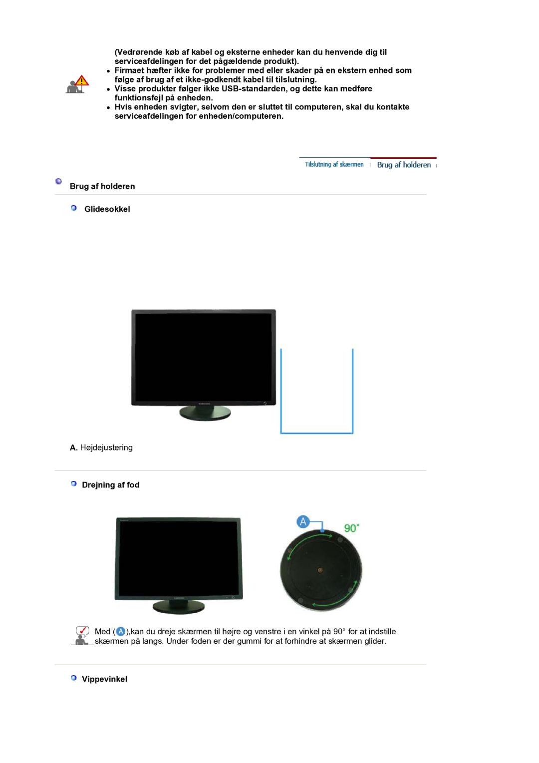 Samsung LS30HUXCB/EDC manual Drejning af fod, Vippevinkel 