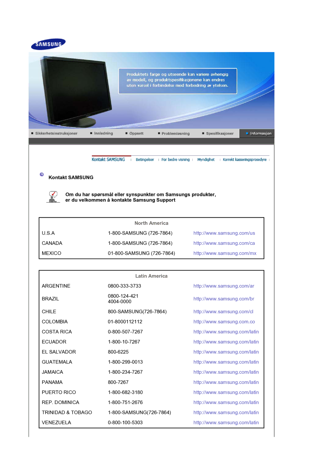 Samsung LS30HUXCB/EDC manual North America, Latin America 