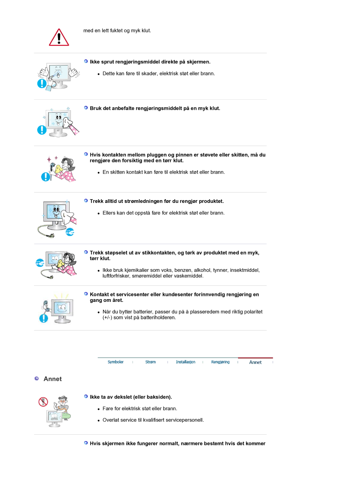 Samsung LS30HUXCB/EDC manual Annet, Ikke sprut rengjøringsmiddel direkte på skjermen, Ikke ta av dekslet eller baksiden 