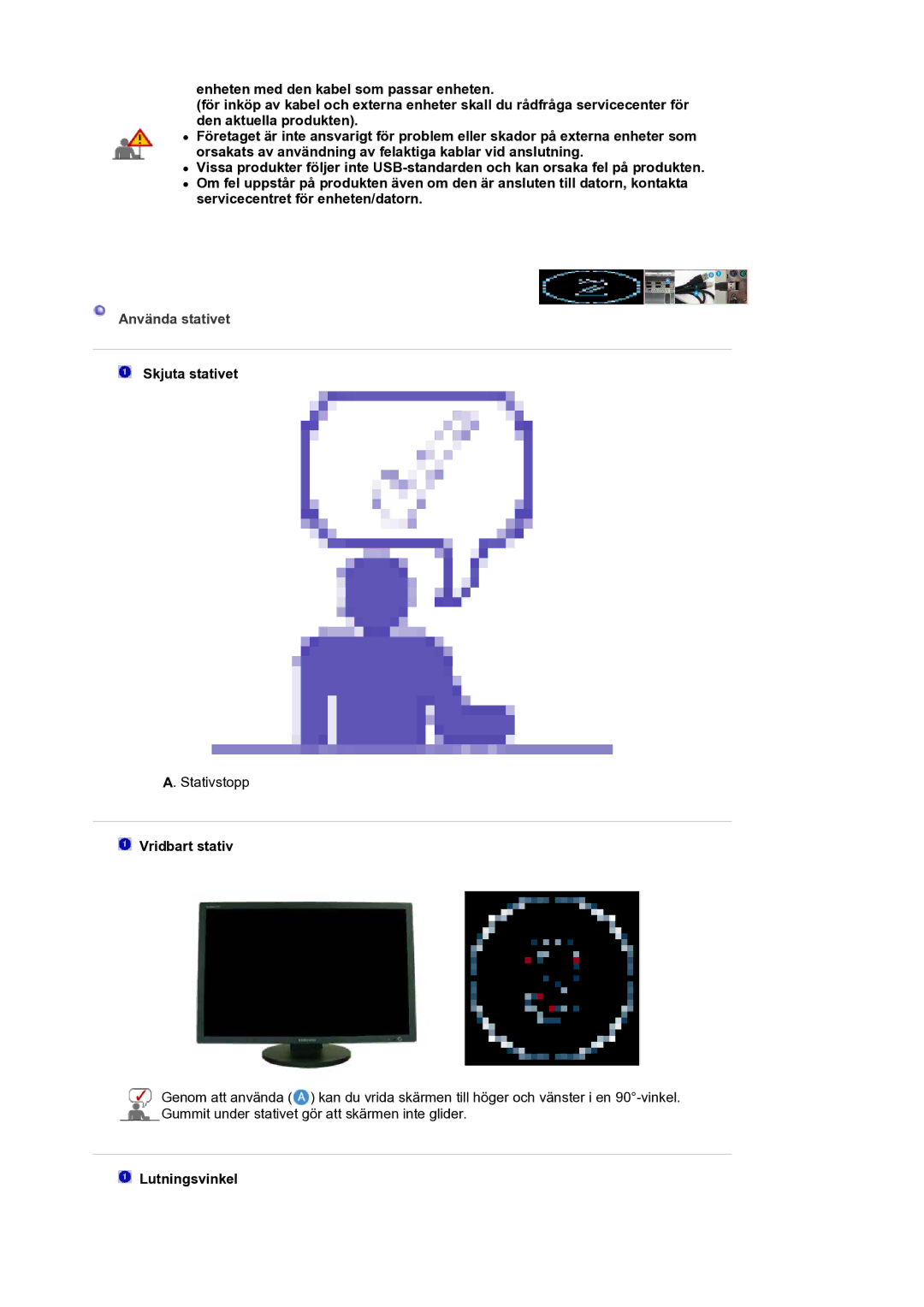 Samsung LS30HUXCB/EDC manual Använda stativet, Skjuta stativet, Vridbart stativ, Lutningsvinkel 