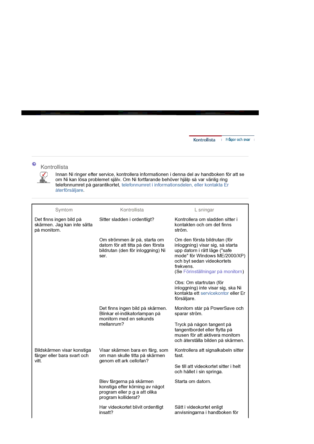 Samsung LS30HUXCB/EDC manual Symtom, Kontrollista, Lösningar 