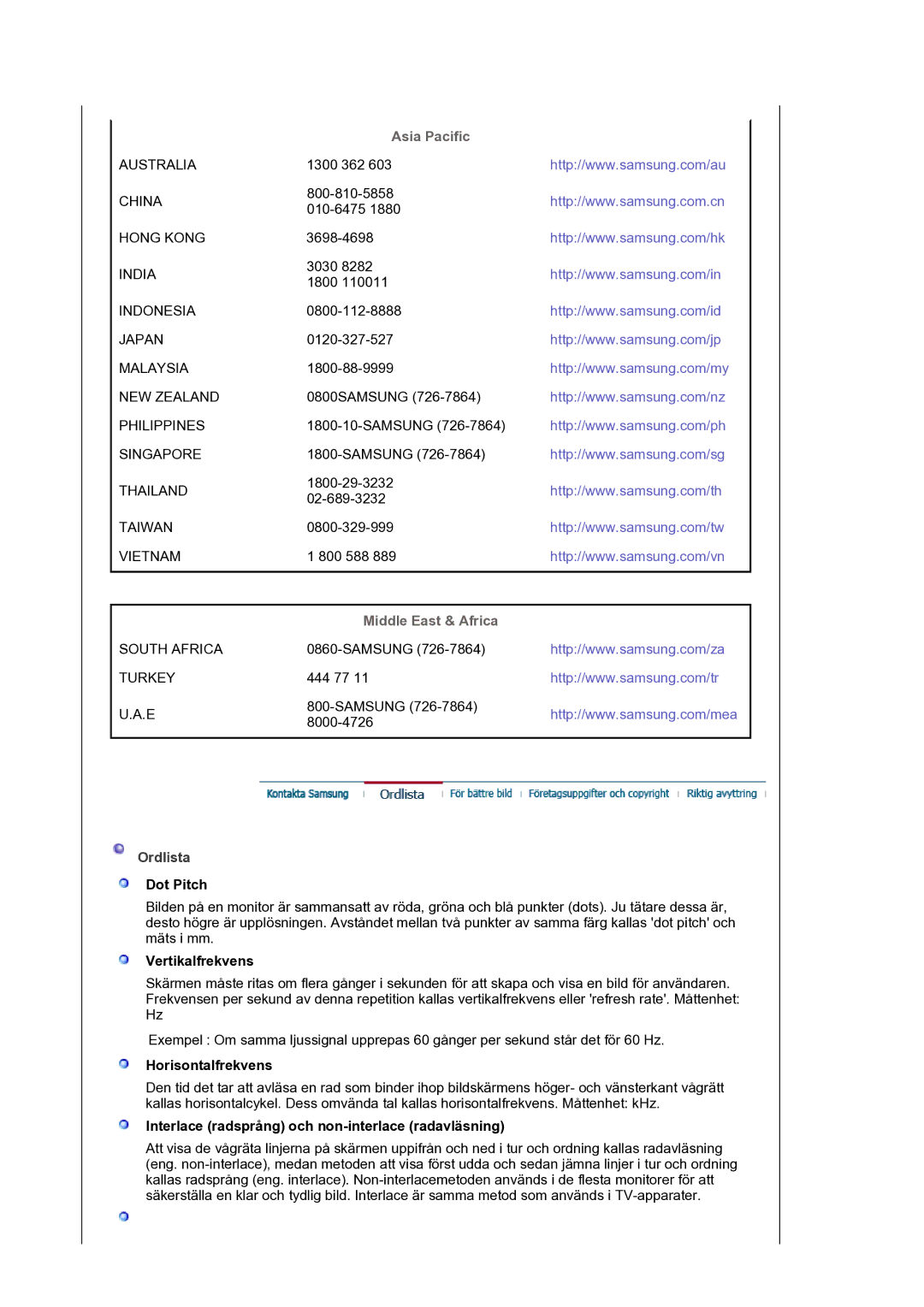 Samsung LS30HUXCB/EDC manual Asia Pacific, Middle East & Africa, Ordlista 