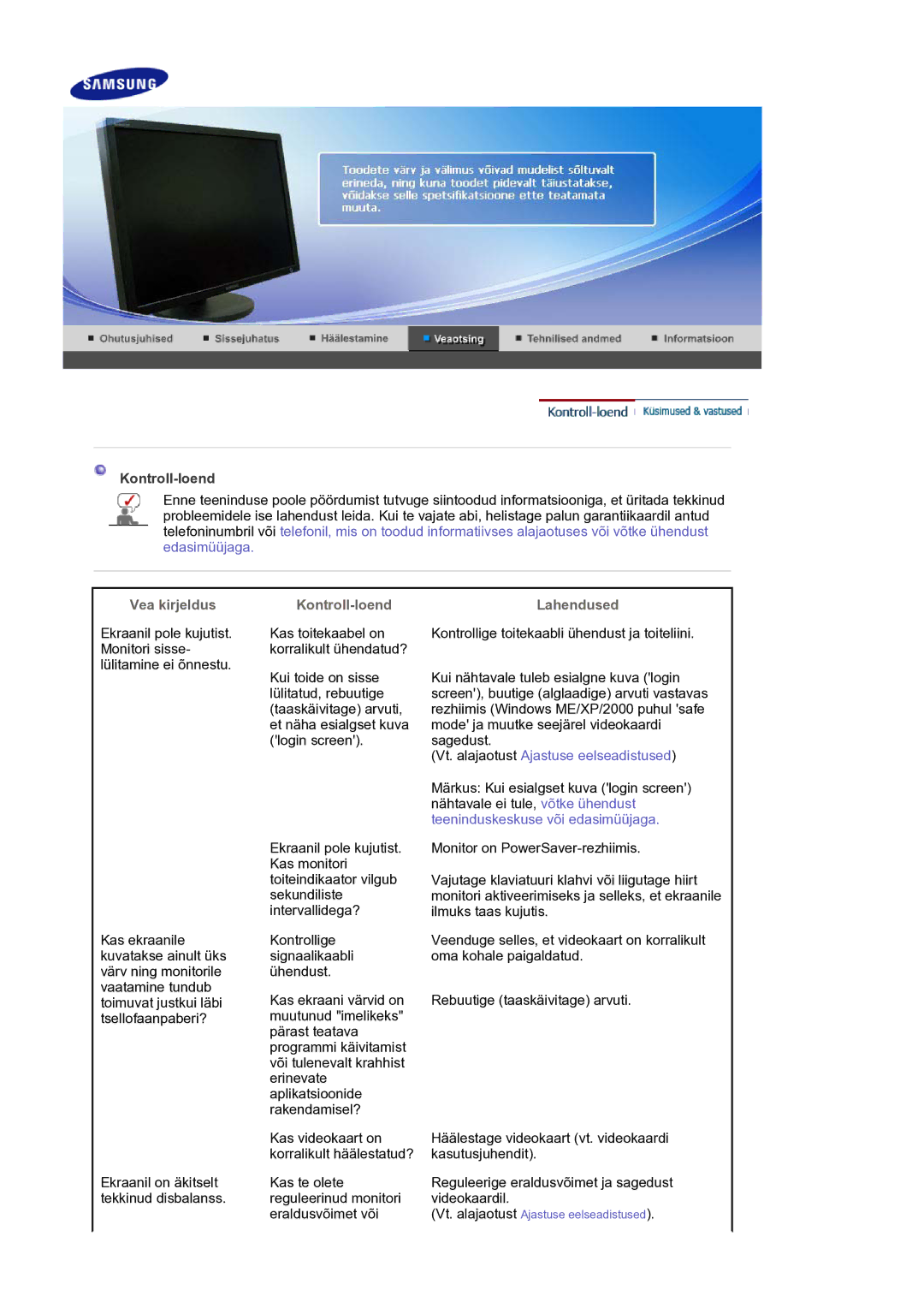 Samsung LS30HUXCB/EDC manual Vea kirjeldus Kontroll-loend Lahendused 