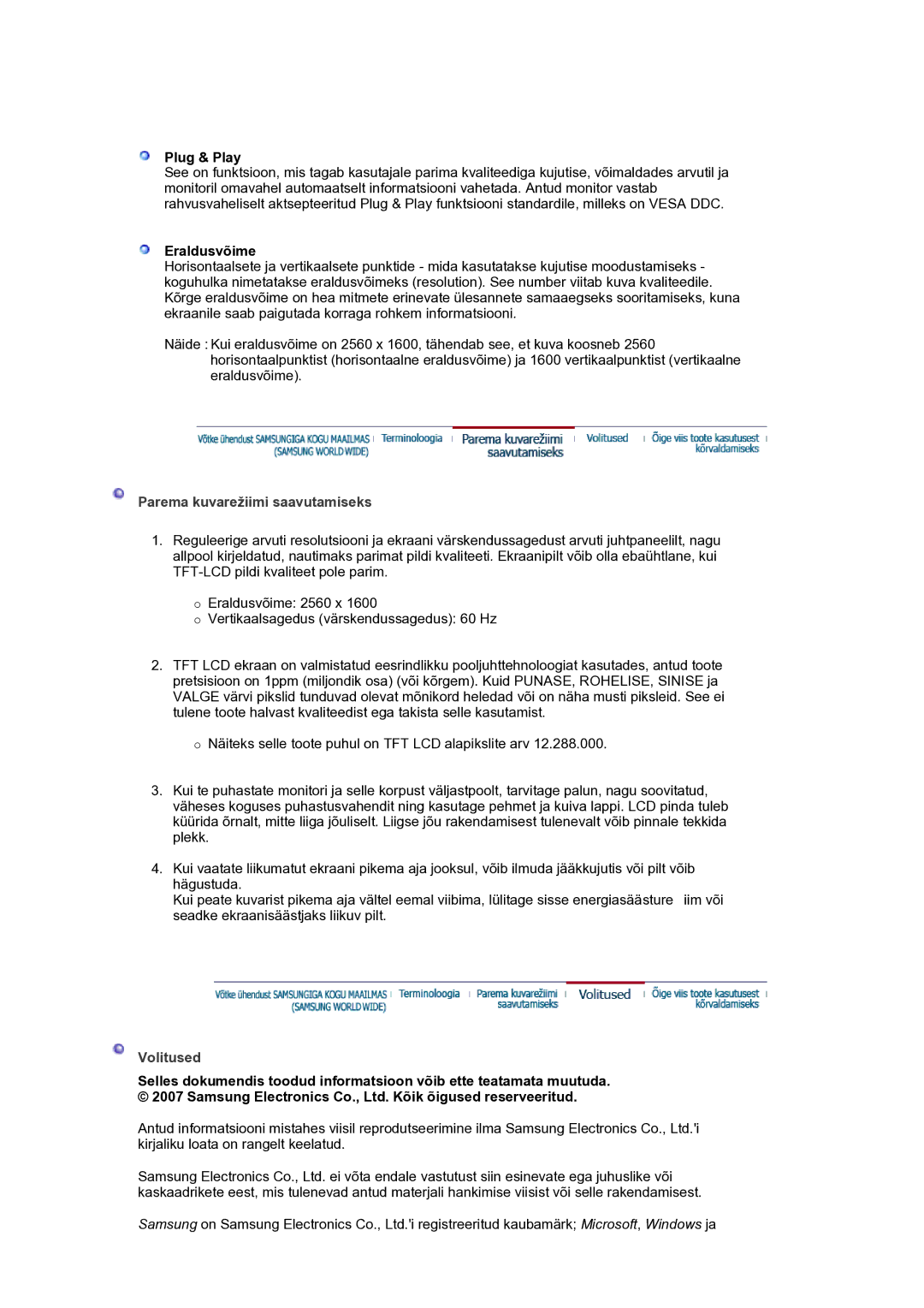 Samsung LS30HUXCB/EDC manual Plug & Play, Eraldusvõime, Parema kuvarežiimi saavutamiseks, Volitused 