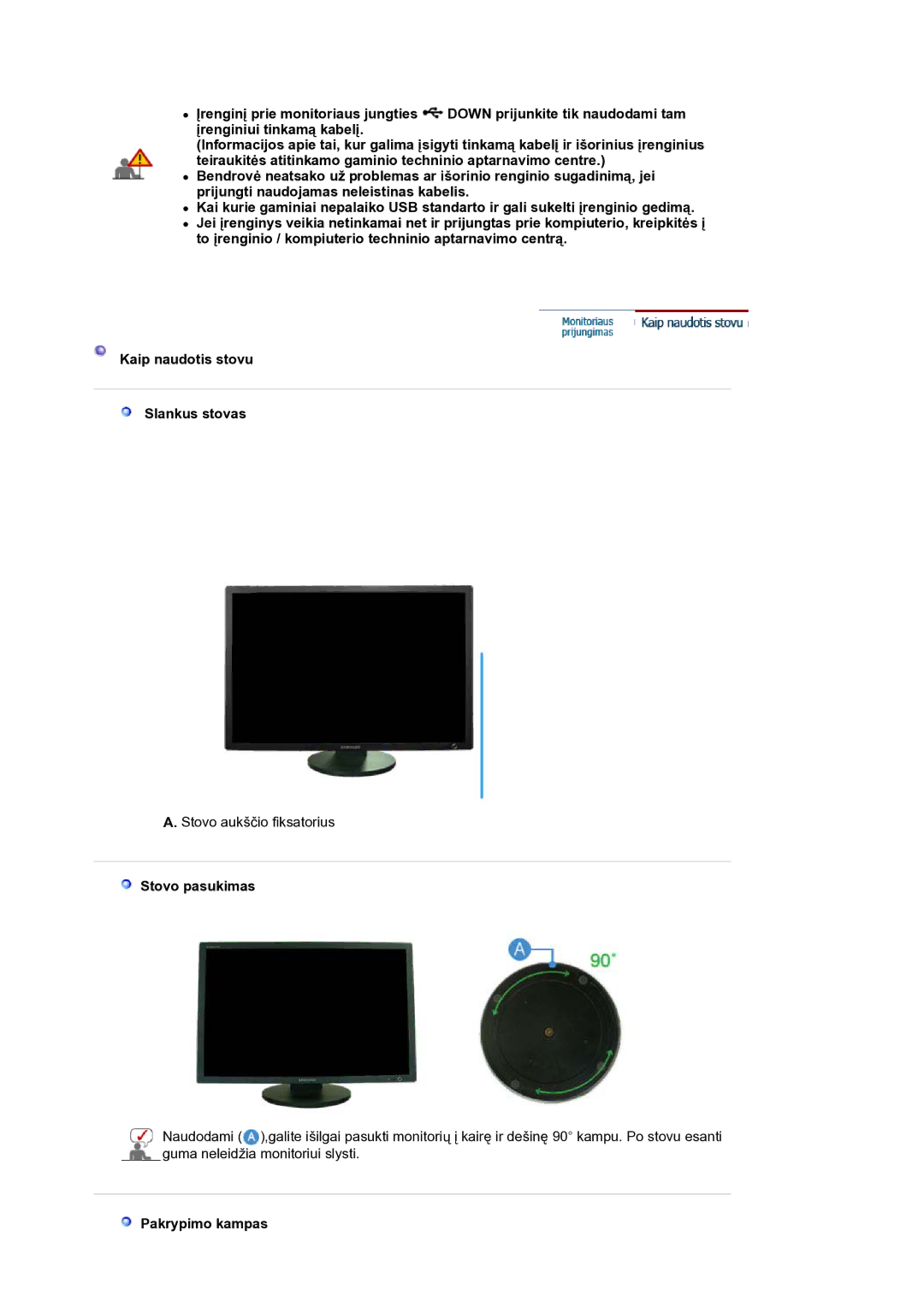 Samsung LS30HUXCB/EDC manual Stovo pasukimas, Pakrypimo kampas 