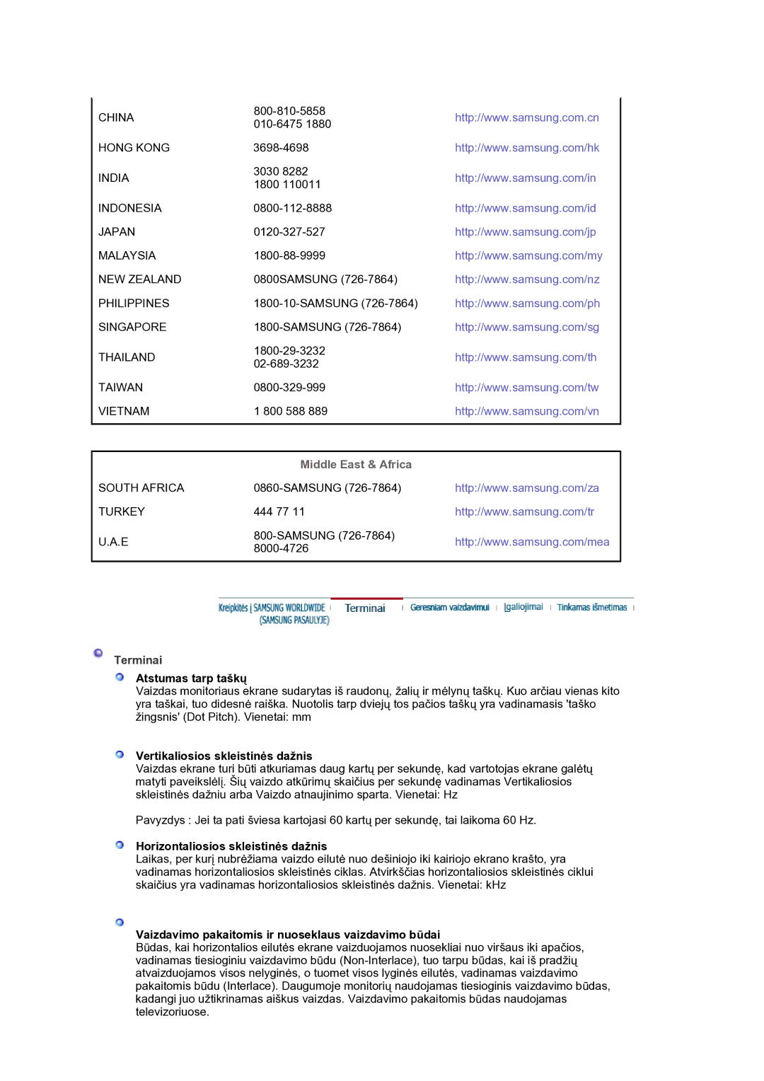 Samsung LS30HUXCB/EDC manual Middle East & Africa, Terminai 