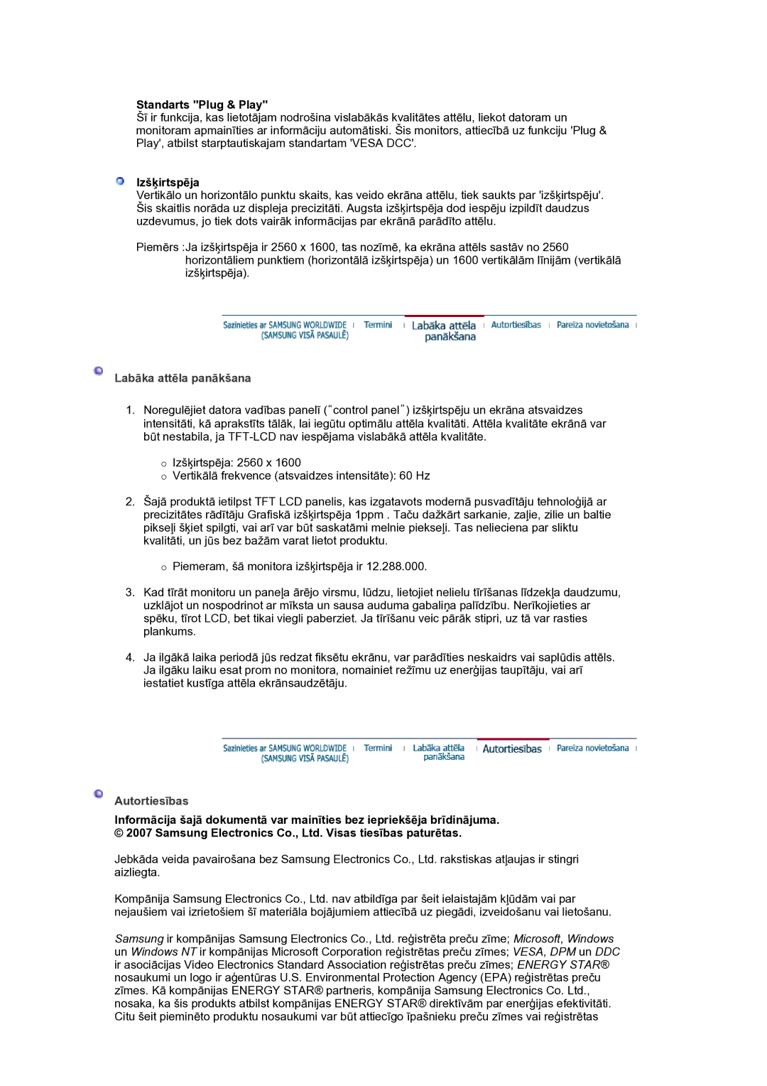 Samsung LS30HUXCB/EDC manual Standarts Plug & Play, Izšķirtspēja, Labāka attēla panākšana, Autortiesības 