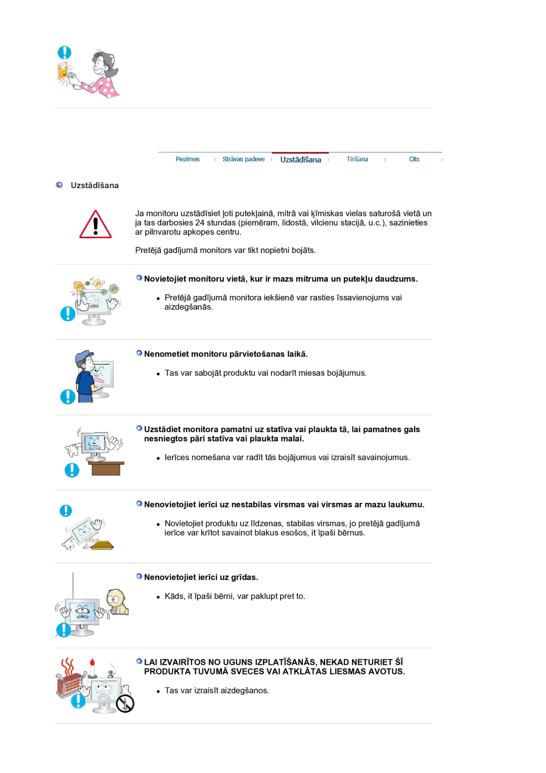 Samsung LS30HUXCB/EDC manual Uzstādīšana, Nenometiet monitoru pārvietošanas laikā, Nenovietojiet ierīci uz grīdas 