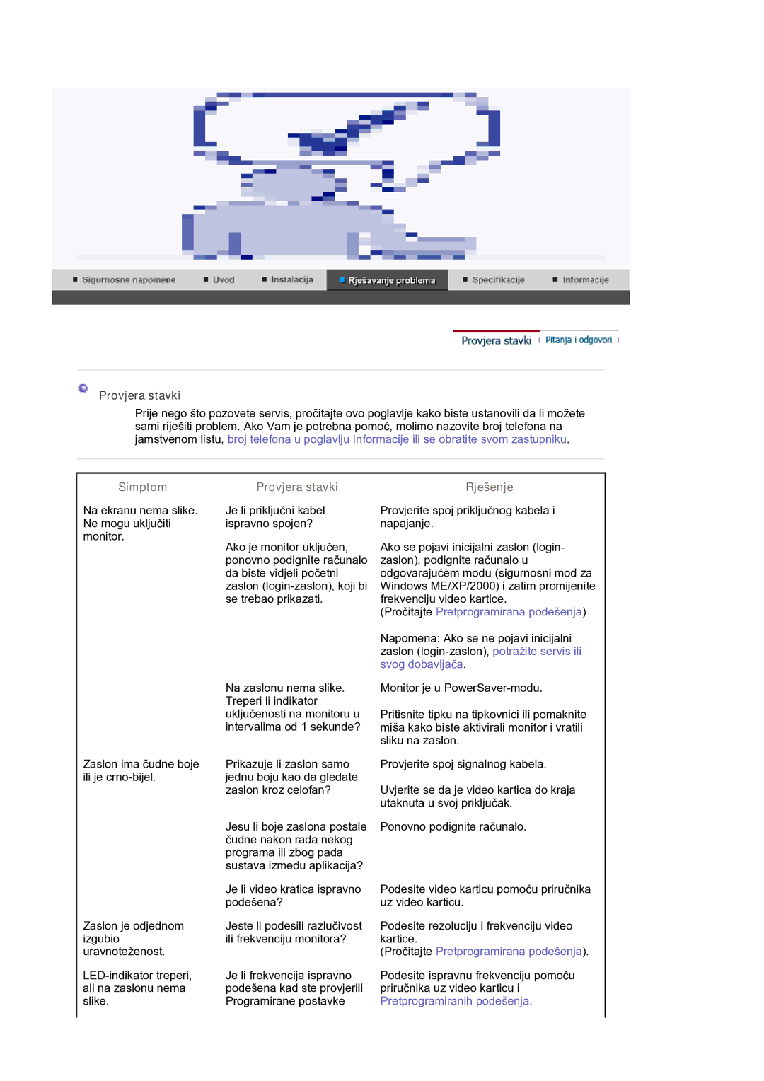 Samsung LS30HUXCB/EDC manual Provjera stavki, Simptom, Rješenje 