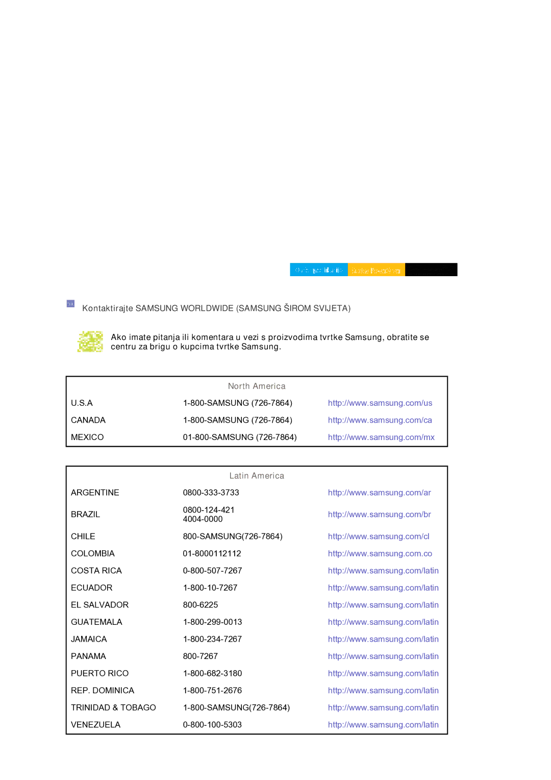 Samsung LS30HUXCB/EDC manual Kontaktirajte Samsung Worldwide Samsung Širom Svijeta, North America, Latin America 