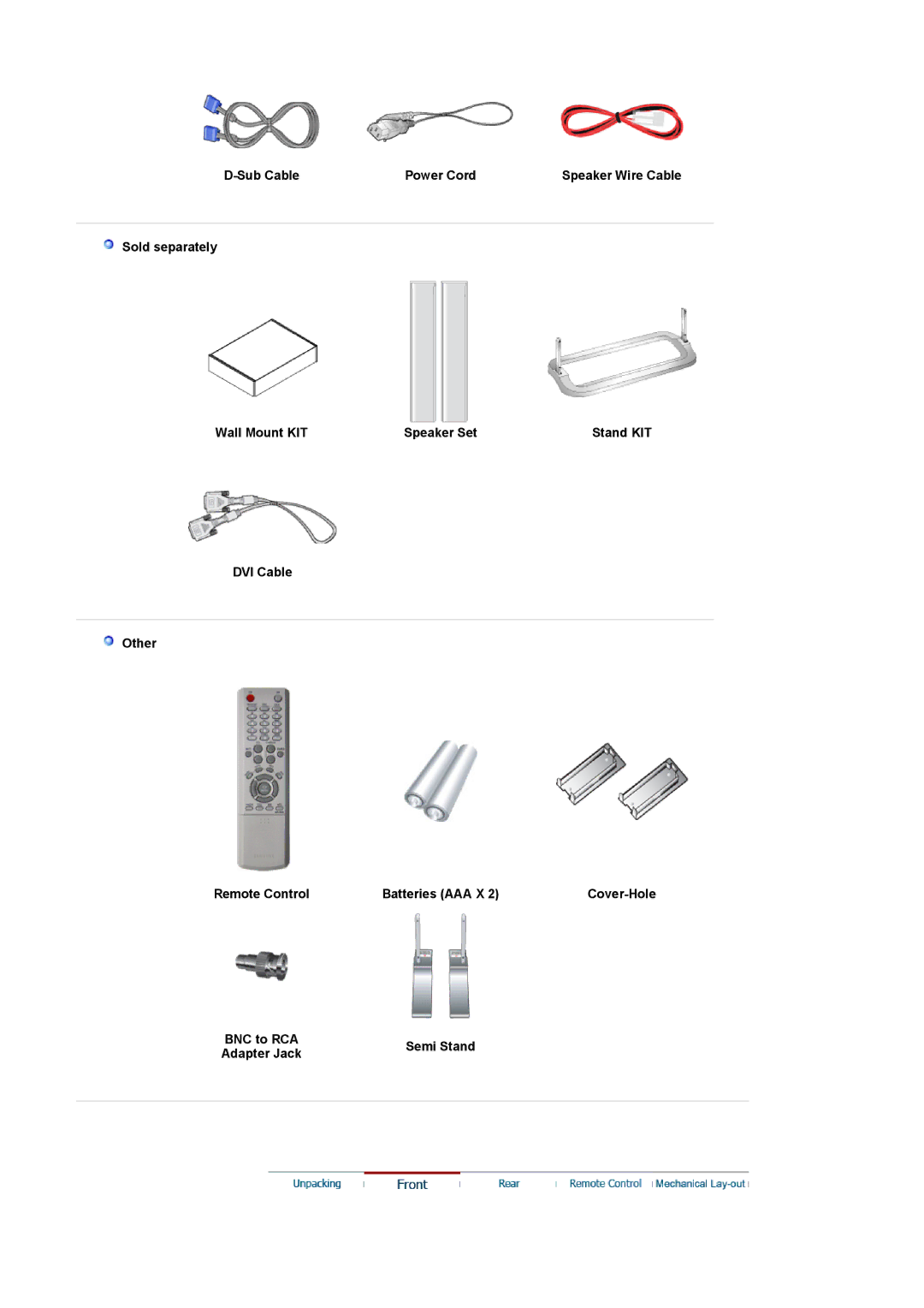 Samsung LS32BEPNB/XSE, LS32BEPNS/EDC, LS32BEPNB/XSA, LS32BEPNS/ILC manual Sub Cable Power Cord, BNC to RCA Semi Stand 