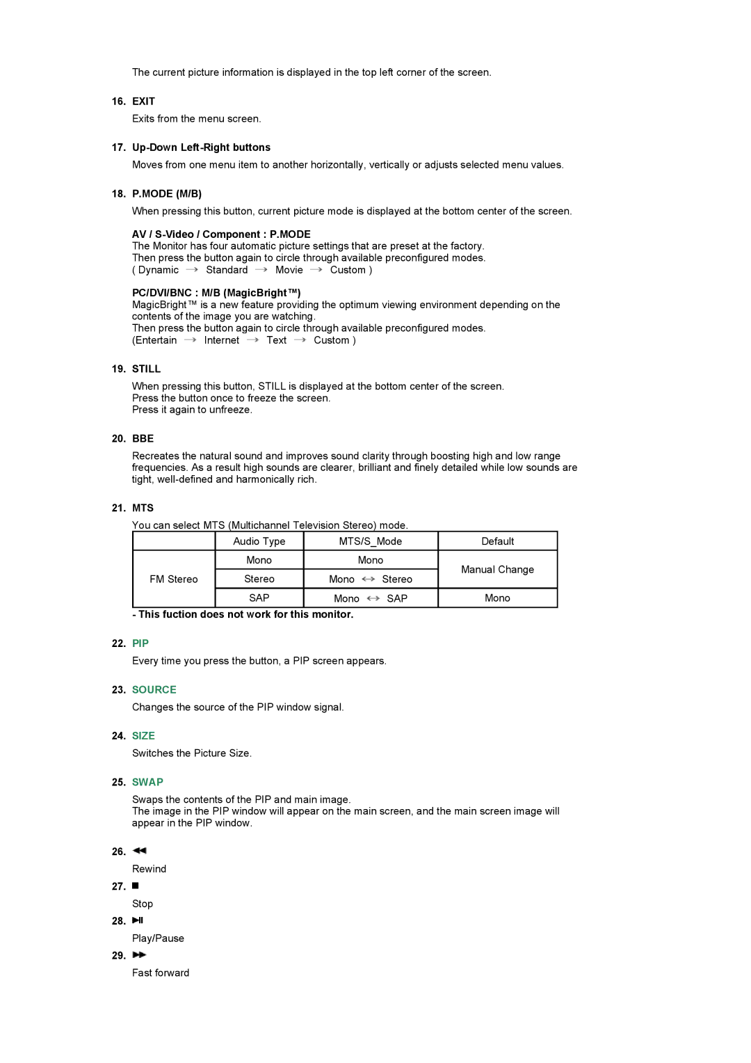 Samsung LS32BEPNB/XSA manual Exit, Up-Down Left-Right buttons, 18. P.MODE M/B, AV / S-Video / Component P.MODE, Bbe, Mts 