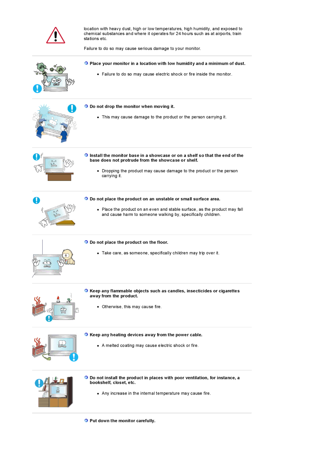 Samsung LS32BEPNS/EDC, LS32BEPNB/XSA manual Do not drop the monitor when moving it, Do not place the product on the floor 