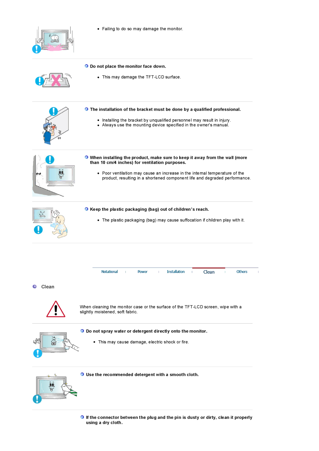 Samsung LS32BEPNB/XSA Clean, Do not place the monitor face down, Keep the plastic packaging bag out of children’s reach 