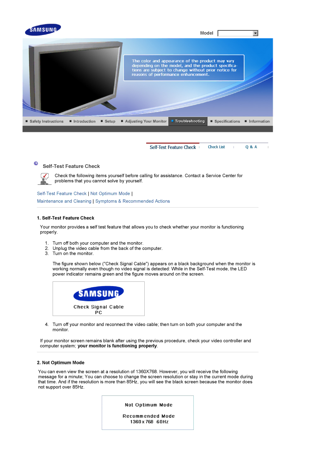 Samsung LS32BEPNB/XSE, LS32BEPNS/EDC, LS32BEPNB/XSA, LS32BEPNS/ILC manual Self-Test Feature Check, Not Optimum Mode 