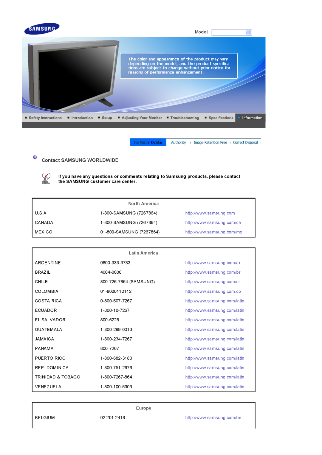 Samsung LS32BEPNS/ILC, LS32BEPNS/EDC, LS32BEPNB/XSA manual Contact Samsung Worldwide, North America, Latin America, Europe 