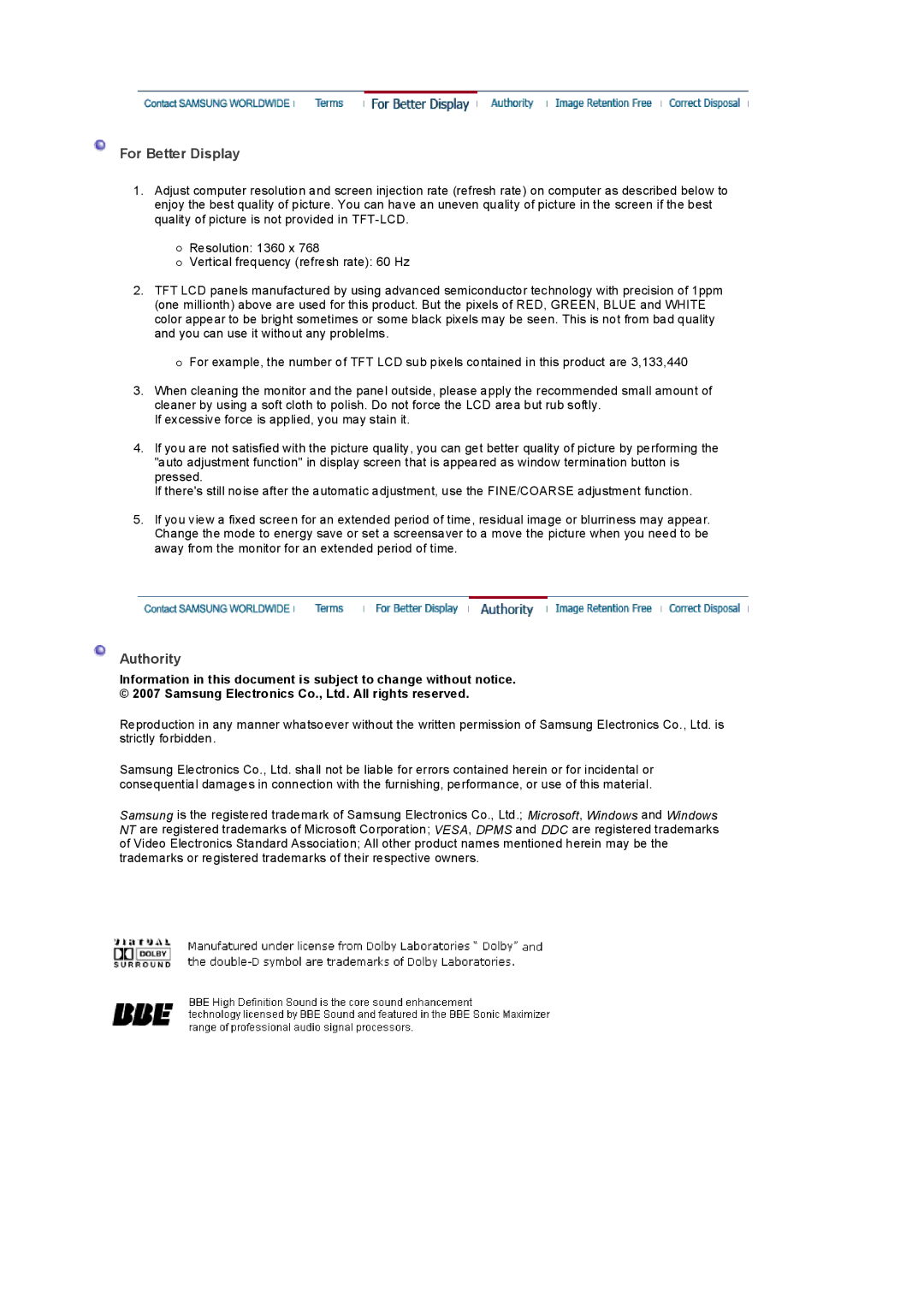 Samsung LS32BEPNB/XSA, LS32BEPNS/EDC, LS32BEPNS/ILC, LS32BEPNB/XSE manual For Better Display, Authority 