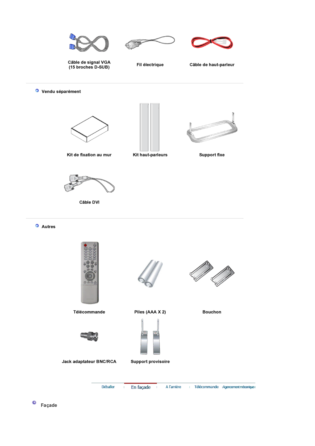 Samsung LS32BEPNS/EDC manual Façade, Fil électrique, Vendu séparément Kit de fixation au mur Kit haut-parleurs 