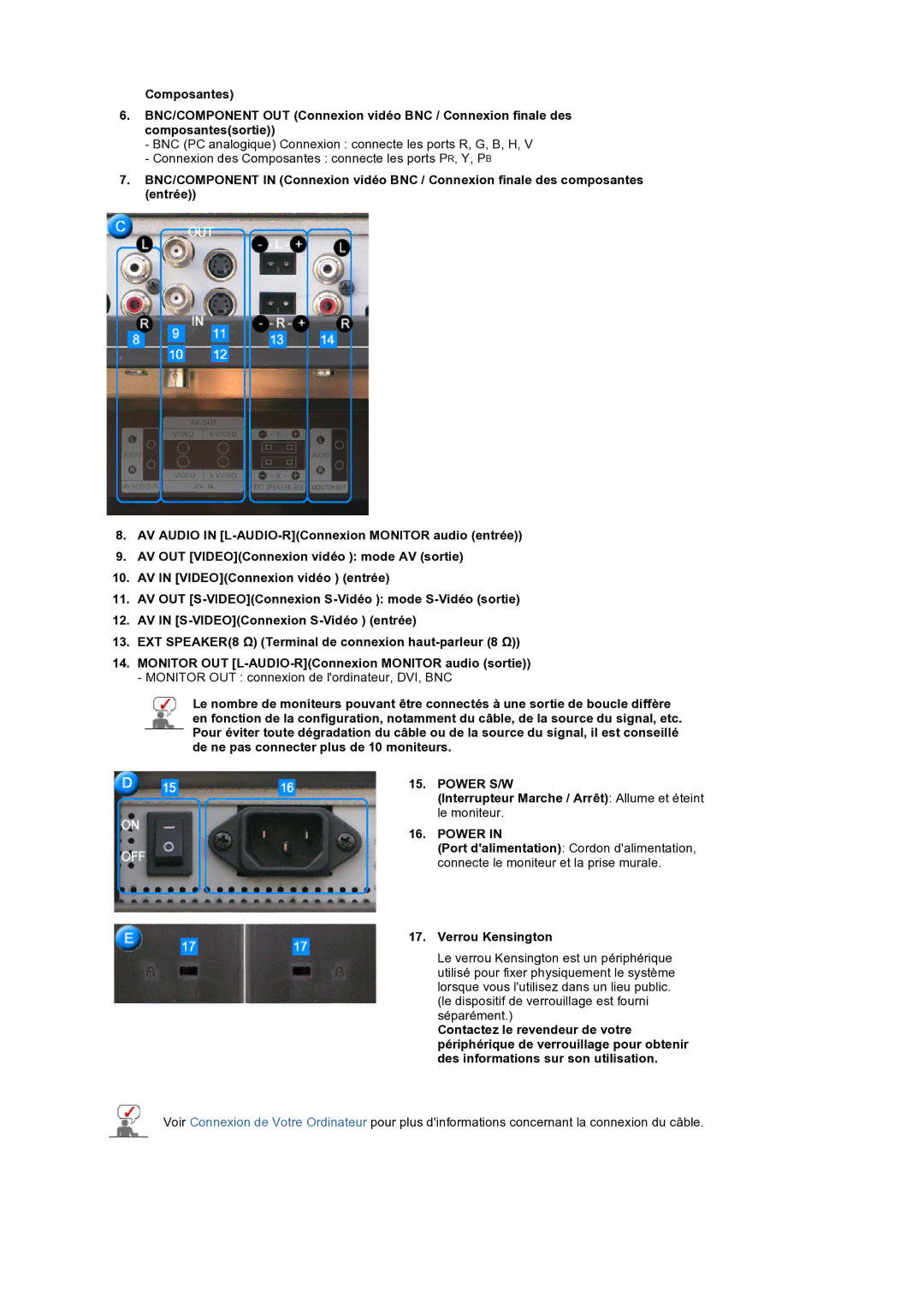 Samsung LS32BEPNS/EDC manual Interrupteur Marche / Arrêt Allume et éteint le moniteur, Verrou Kensington 