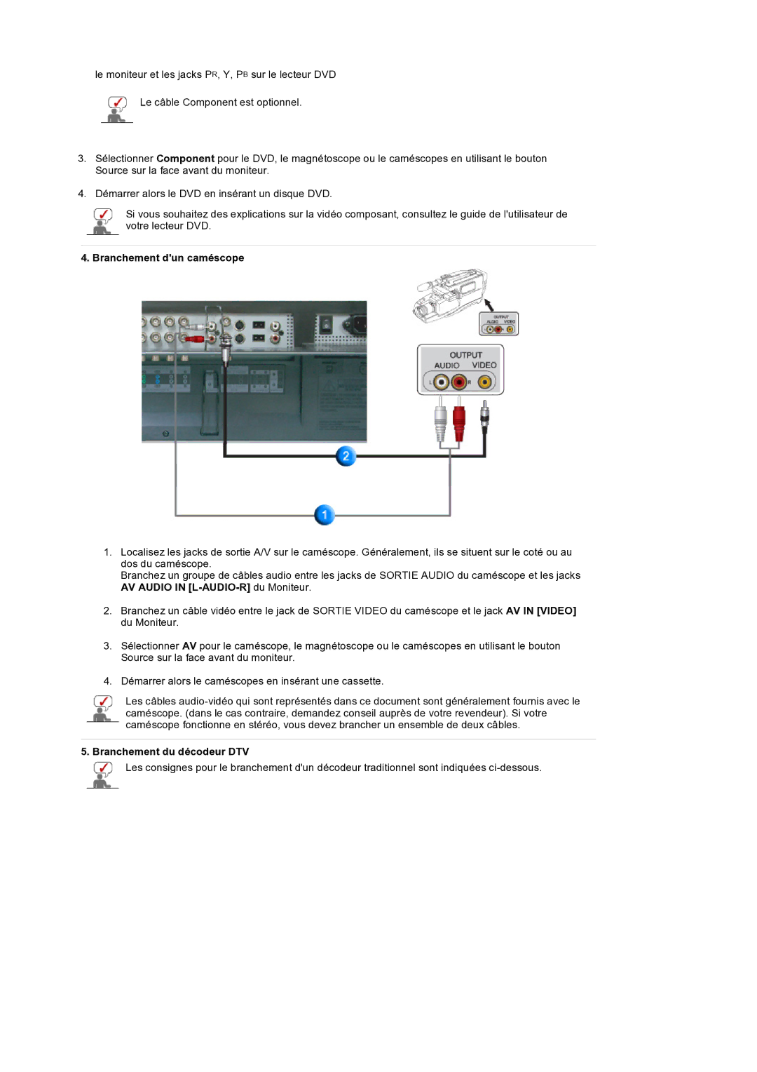 Samsung LS32BEPNS/EDC manual Branchement dun caméscope, Branchement du décodeur DTV 