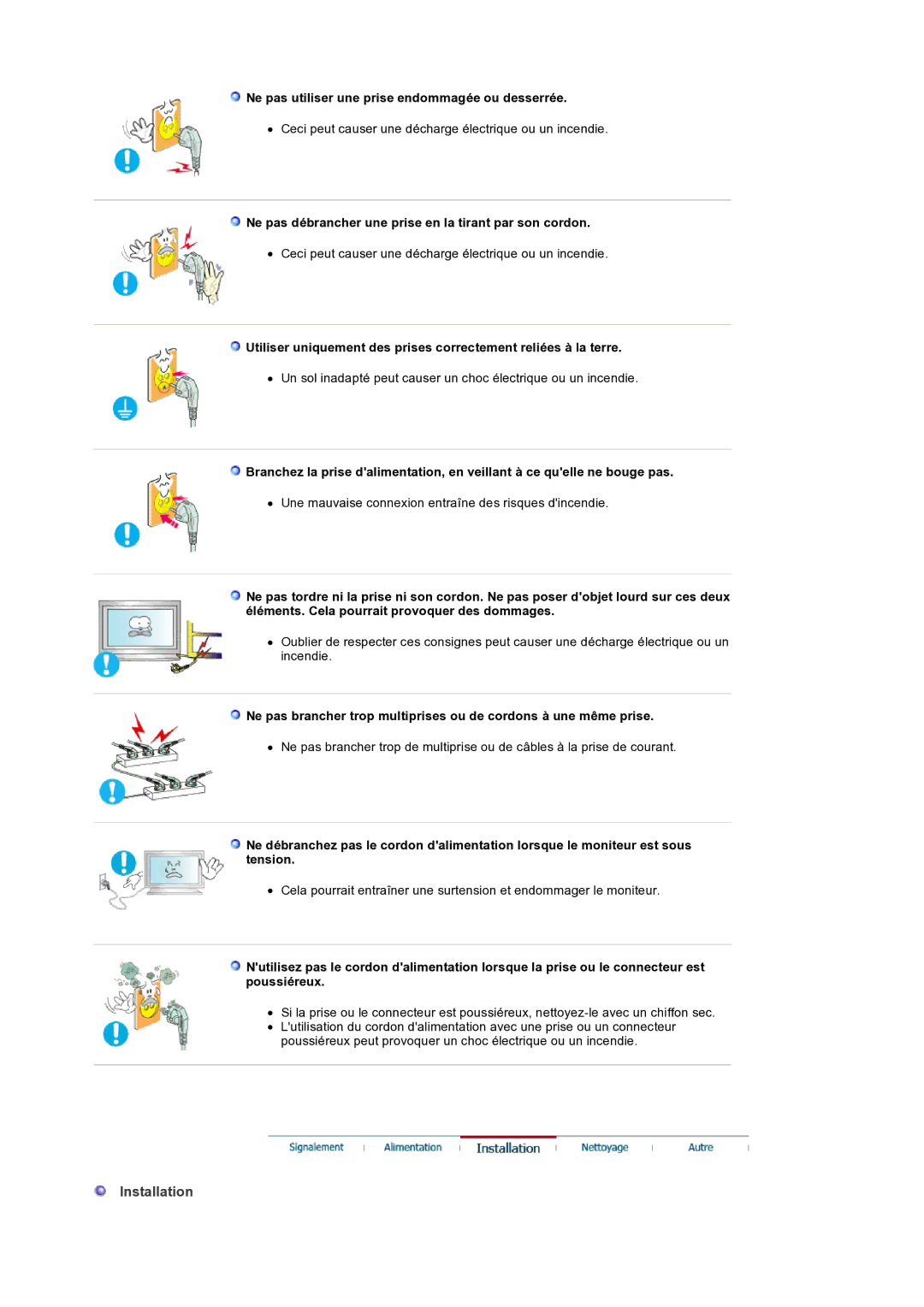 Samsung LS32BEPNS/EDC manual Installation, Ne pas utiliser une prise endommagée ou desserrée 