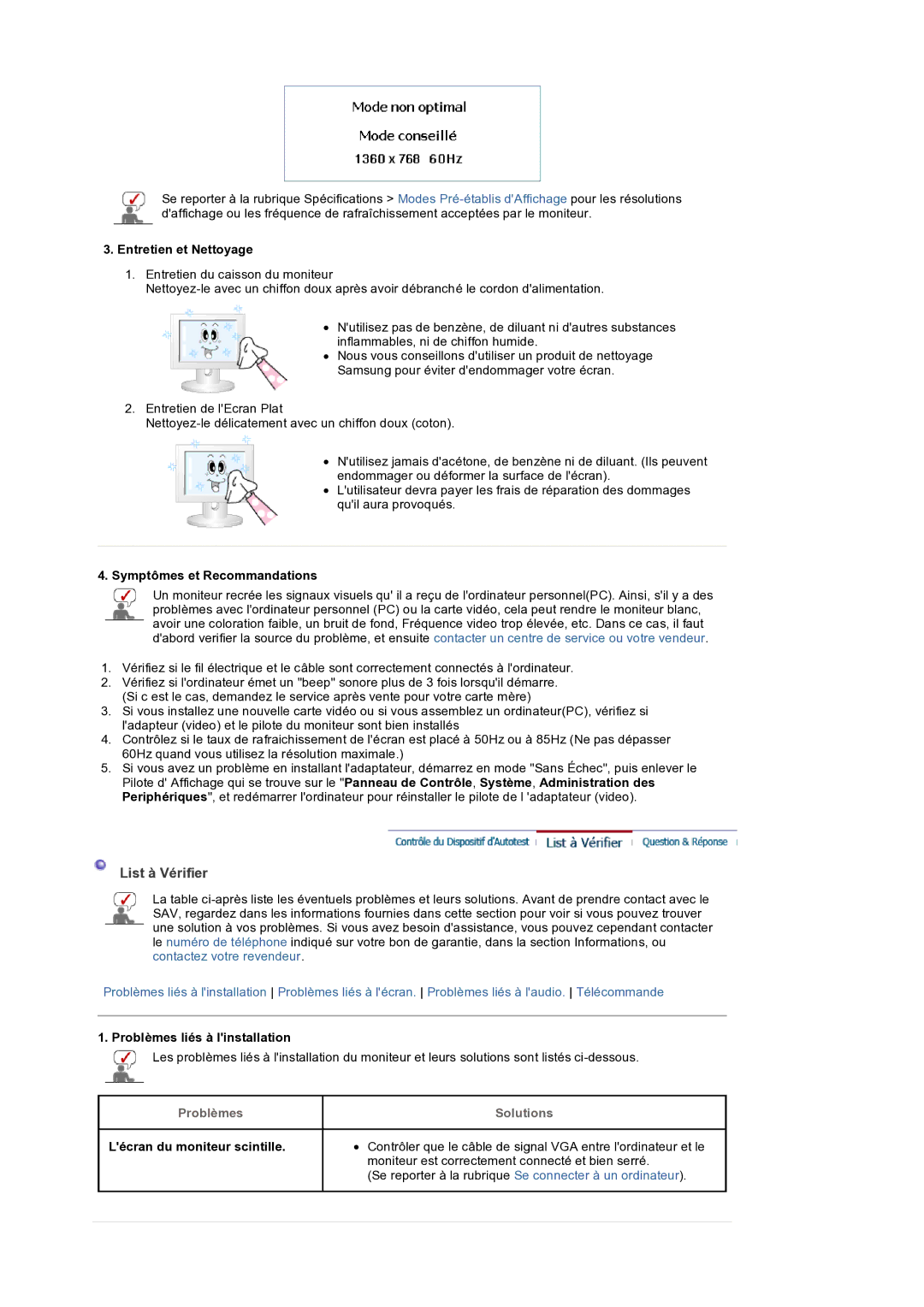 Samsung LS32BEPNS/EDC manual List à Vérifier, Entretien et Nettoyage, Symptômes et Recommandations, Problèmes 