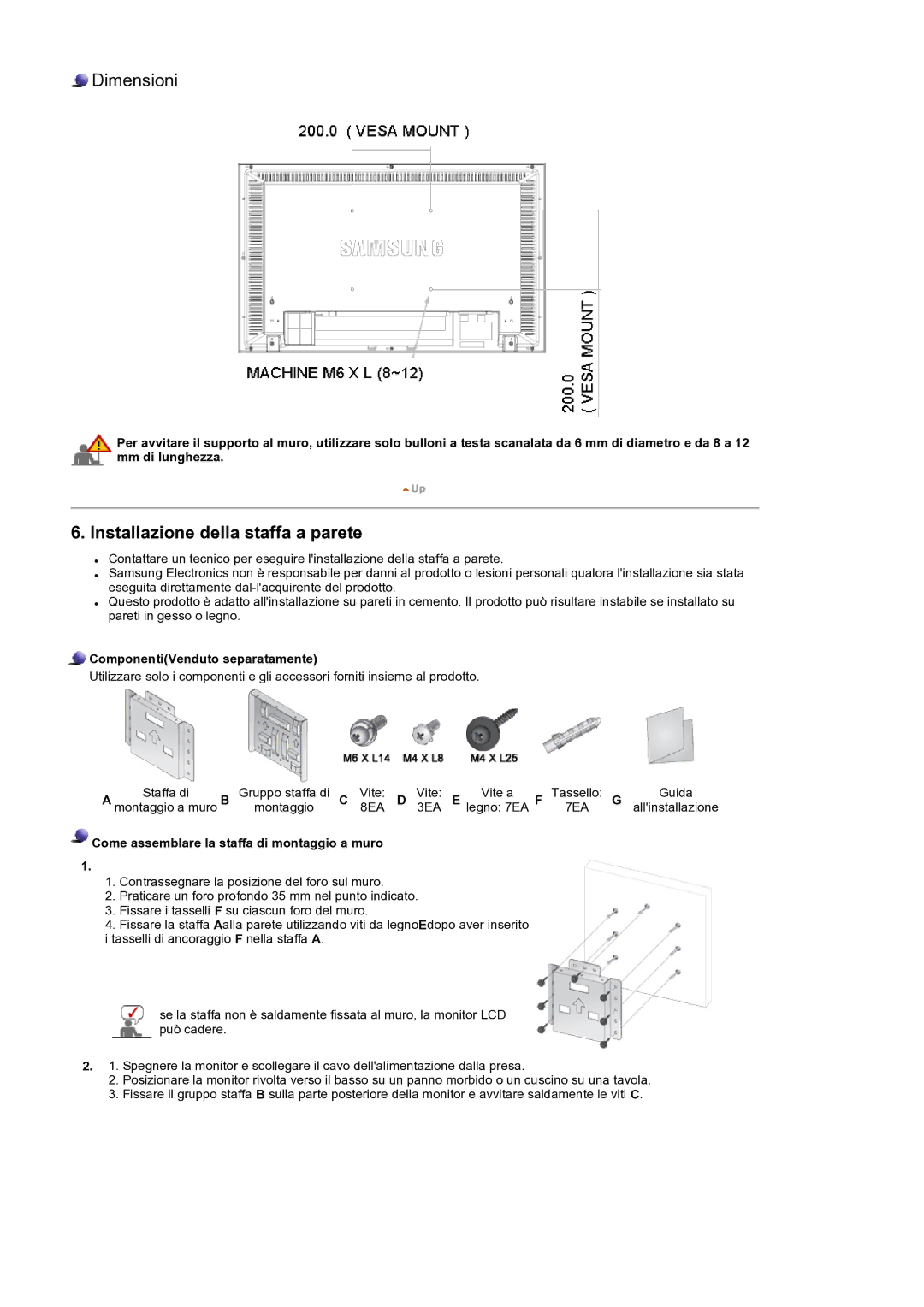 Samsung LS32BEPNS/EDC manual ComponentiVenduto separatamente, Come assemblare la staffa di montaggio a muro 