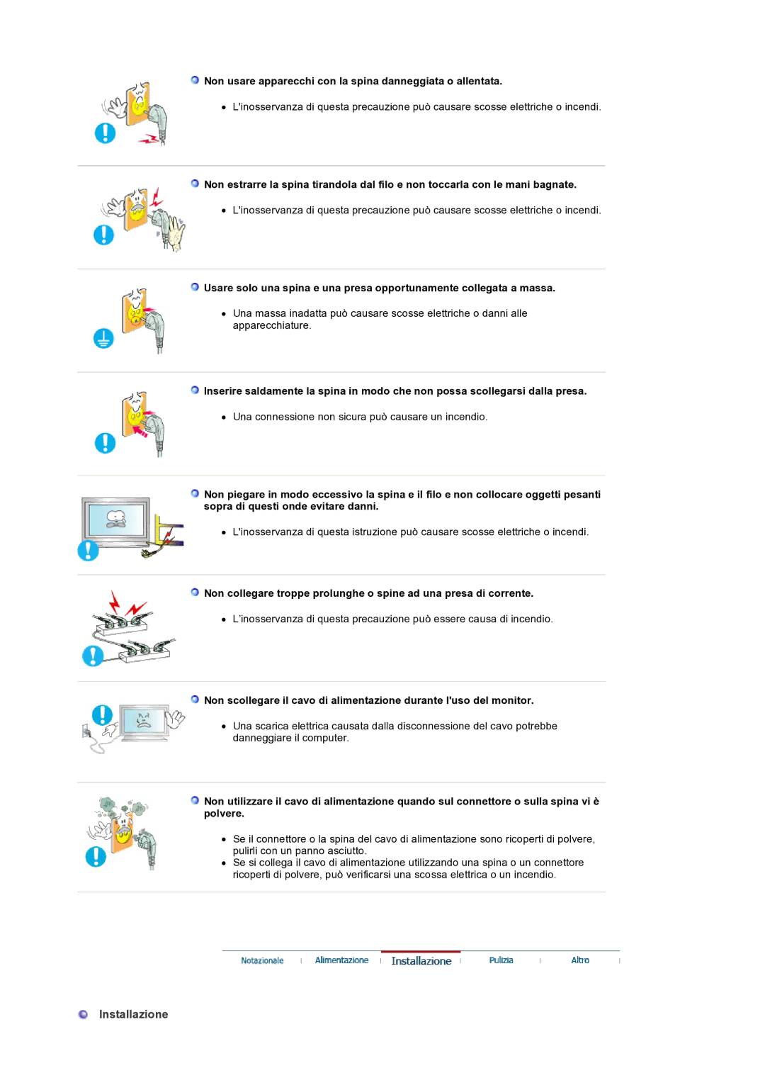 Samsung LS32BEPNS/EDC manual Installazione, Non usare apparecchi con la spina danneggiata o allentata 