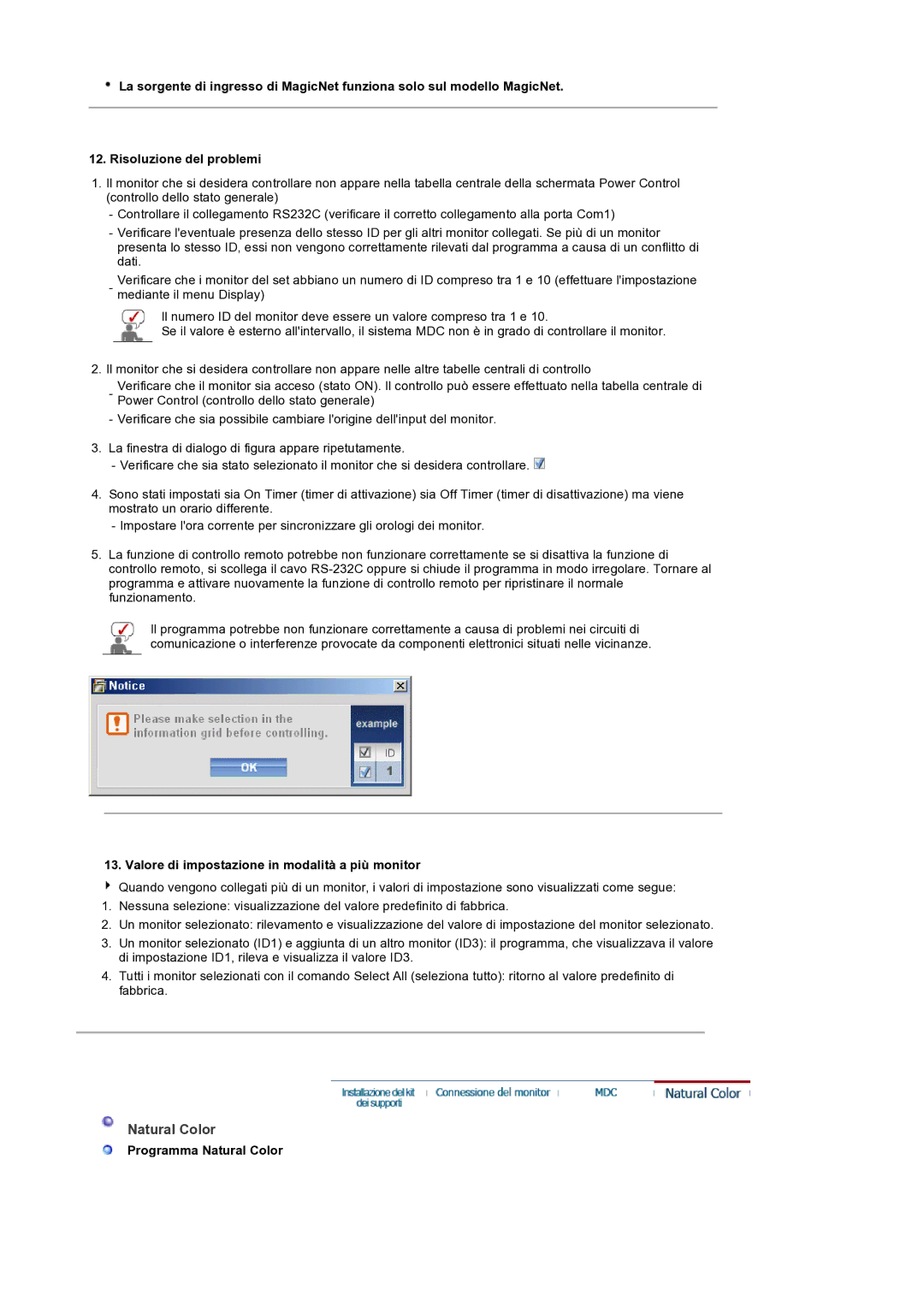 Samsung LS32BEPNS/EDC manual Valore di impostazione in modalità a più monitor, Programma Natural Color 