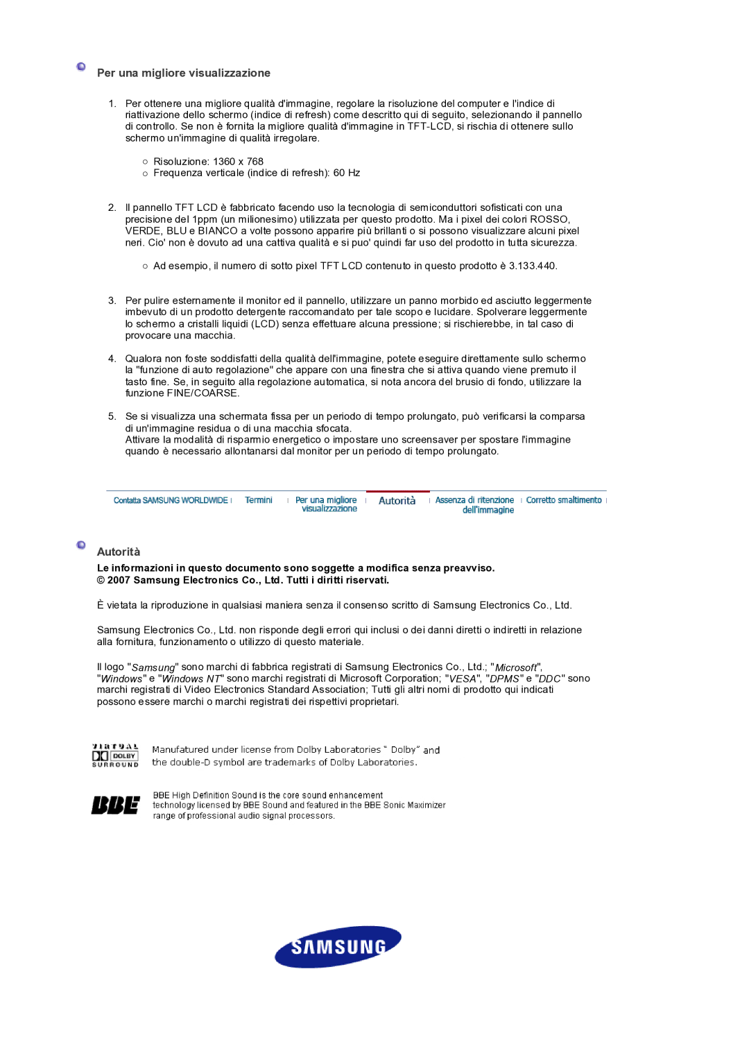 Samsung LS32BEPNS/EDC manual Per una migliore visualizzazione, Autorità 