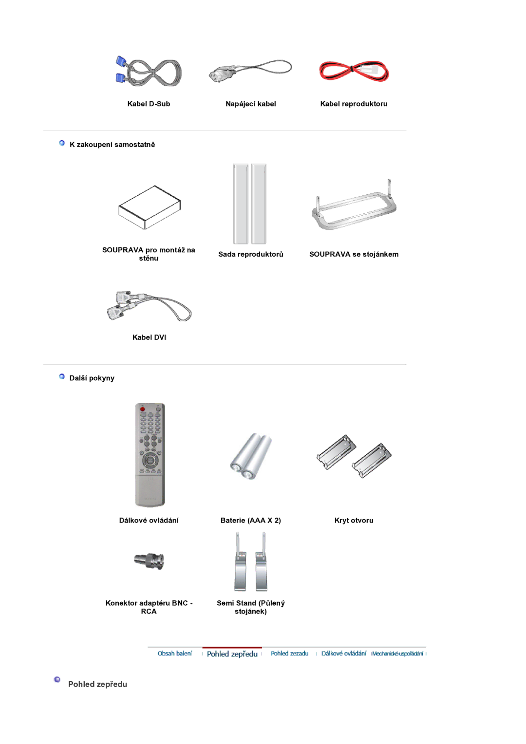 Samsung LS32BEPNS/EDC manual Pohled zepředu, Kabel D-Sub Napájecí kabel, Zakoupení samostatně, Sada reproduktorů 