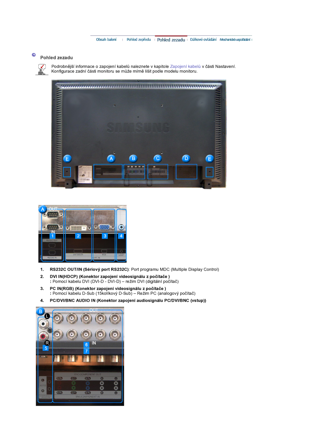 Samsung LS32BEPNS/EDC manual Pohled zezadu, DVI Inhdcp Konektor zapojení videosignálu z počítače 