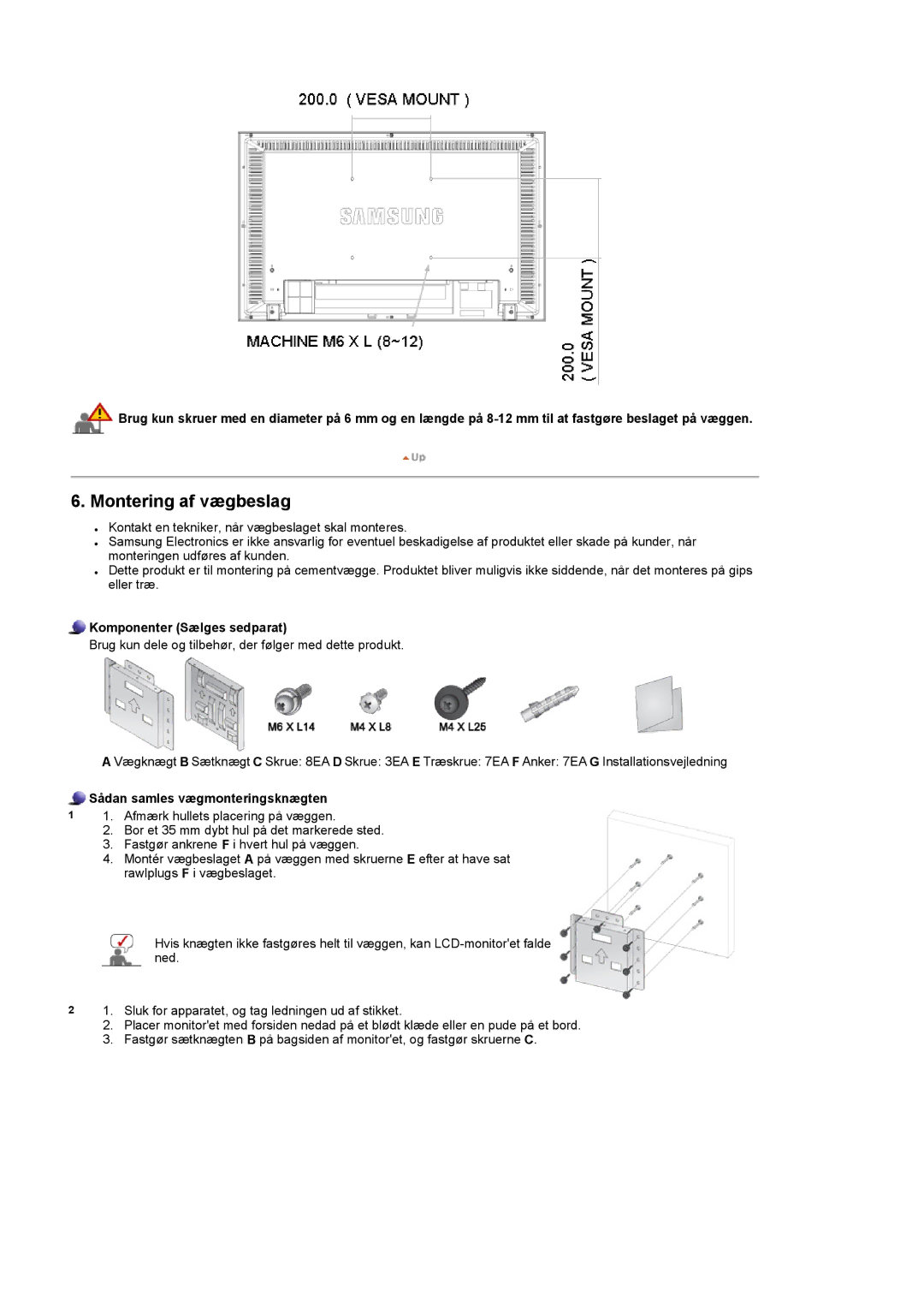 Samsung LS32BEPNS/EDC manual Komponenter Sælges sedparat, Sådan samles vægmonteringsknægten 