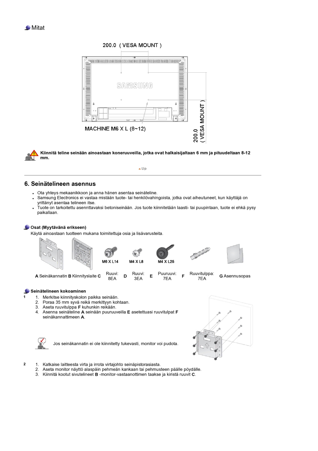 Samsung LS32BEPNS/EDC manual Osat Myytävänä erikseen, Seinätelineen kokoaminen 