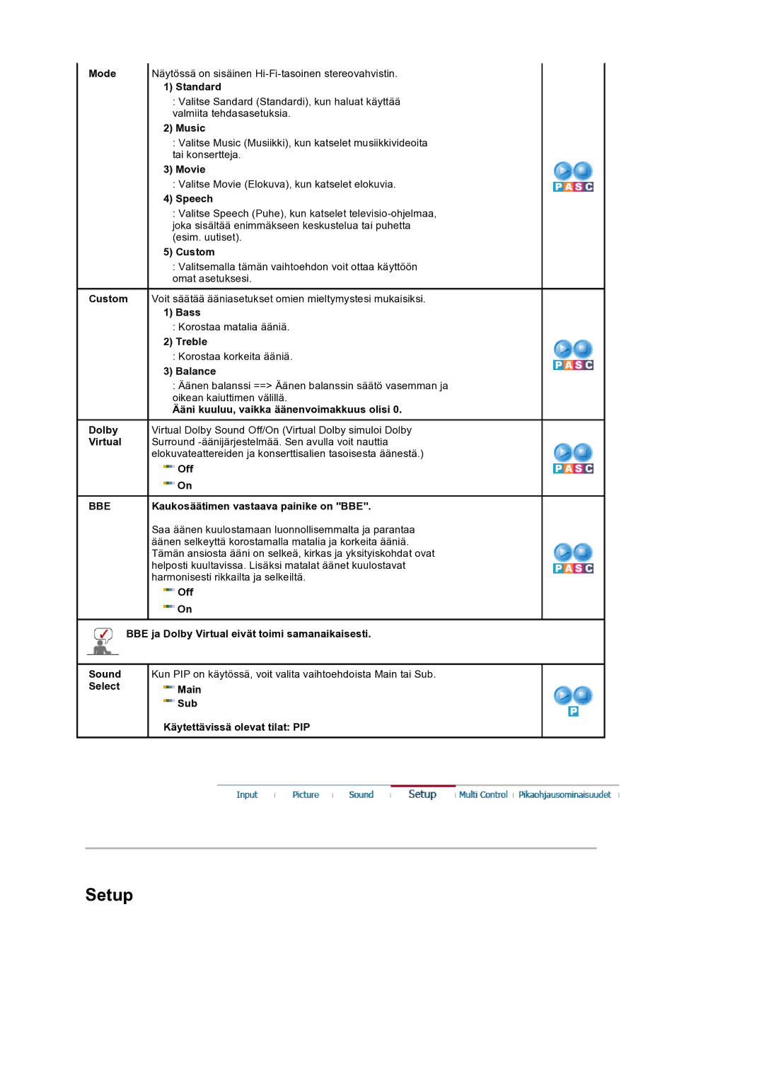 Samsung LS32BEPNS/EDC manual Music, Speech, Bass, Treble, Ääni kuuluu, vaikka äänenvoimakkuus olisi 