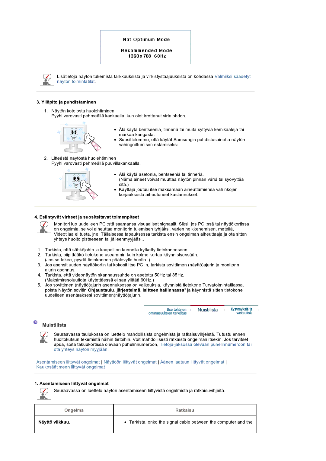 Samsung LS32BEPNS/EDC manual Muistilista, Ylläpito ja puhdistaminen, Esiintyvät virheet ja suosíteltavat toimenpiteet 