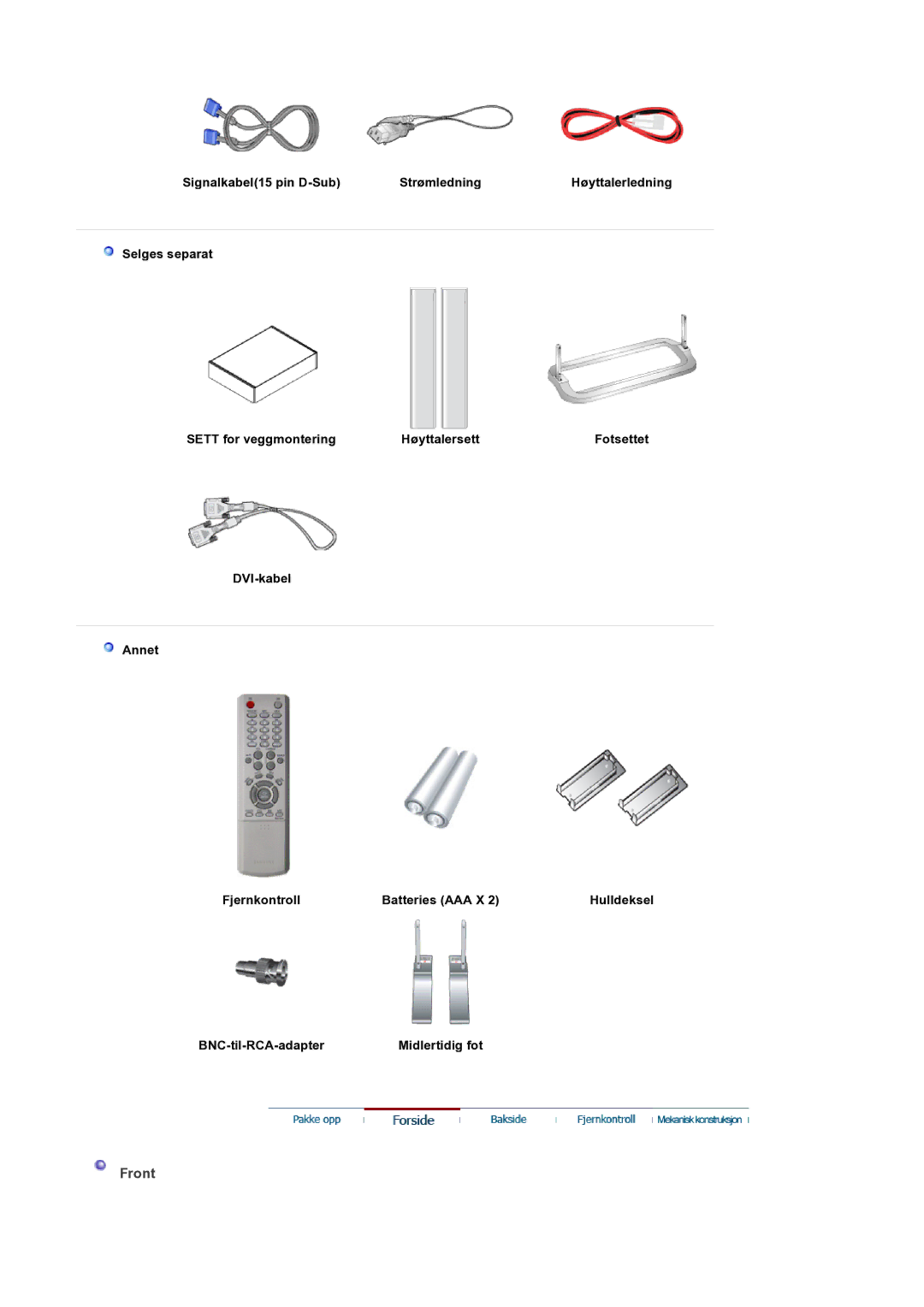 Samsung LS32BEPNS/EDC manual Front, DVI-kabel Annet Fjernkontroll Batteries AAA X, BNC-til-RCA-adapter 