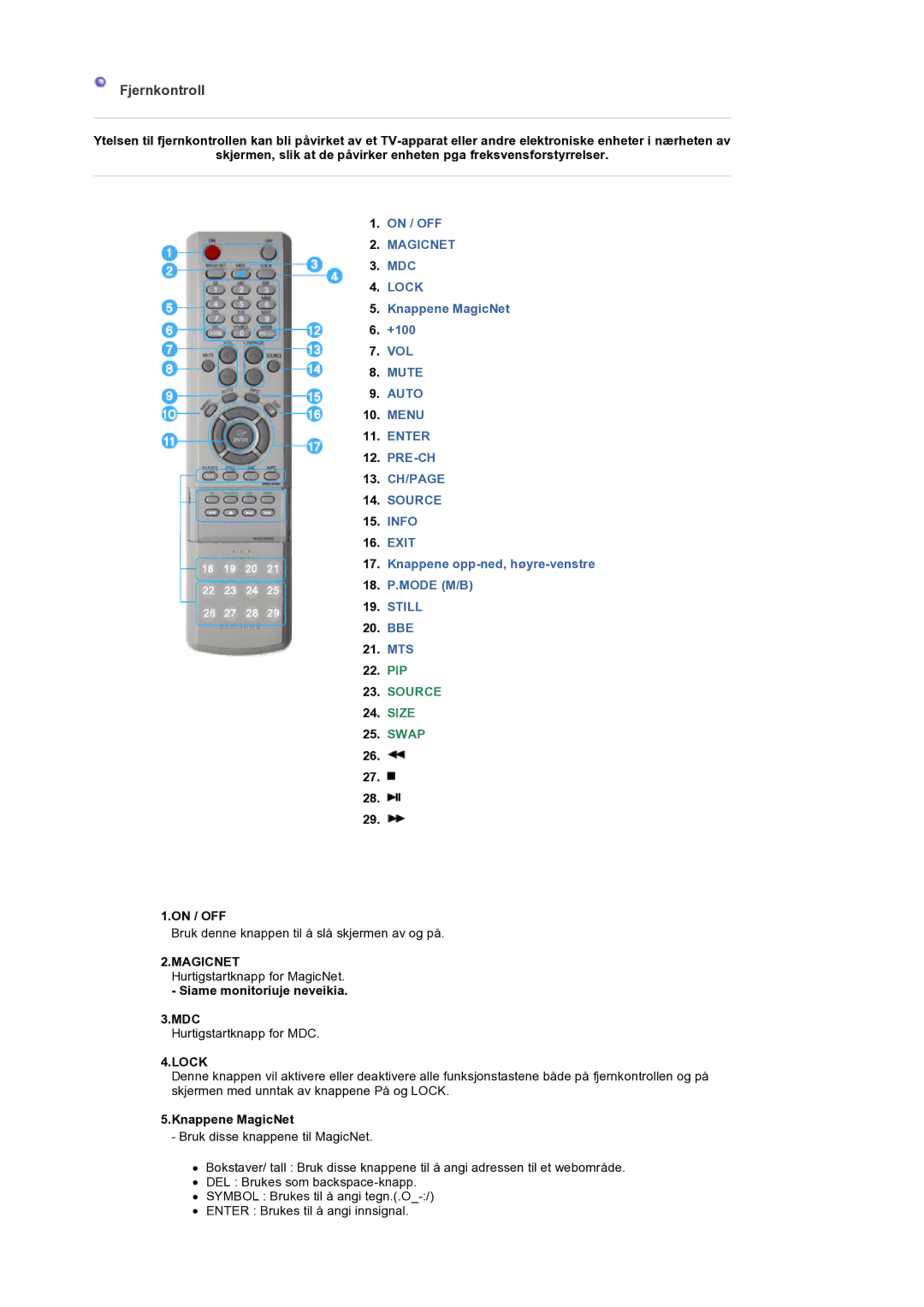 Samsung LS32BEPNS/EDC manual Fjernkontroll, On / OFF, Siame monitoriuje neveikia, Knappene MagicNet 