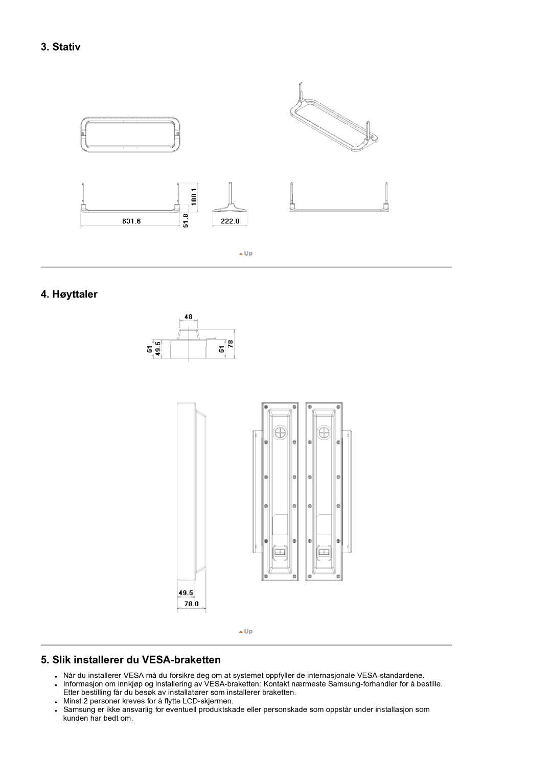 Samsung LS32BEPNS/EDC manual Stativ Høyttaler Slik installerer du VESA-braketten 