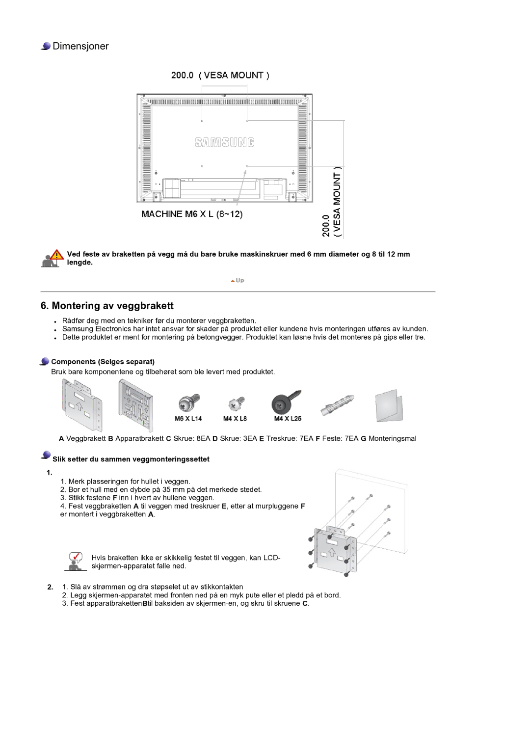 Samsung LS32BEPNS/EDC manual Components Selges separat, Slik setter du sammen veggmonteringssettet 