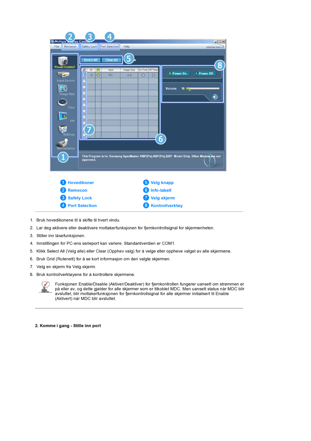 Samsung LS32BEPNS/EDC manual Komme i gang Stille inn port 