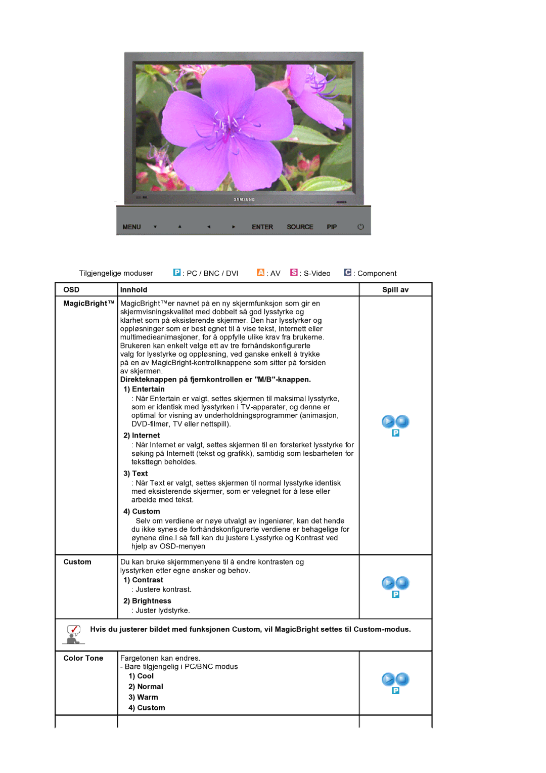 Samsung LS32BEPNS/EDC Innhold Spill av MagicBright, Direkteknappen på fjernkontrollen er M/B-knappen Entertain, Internet 